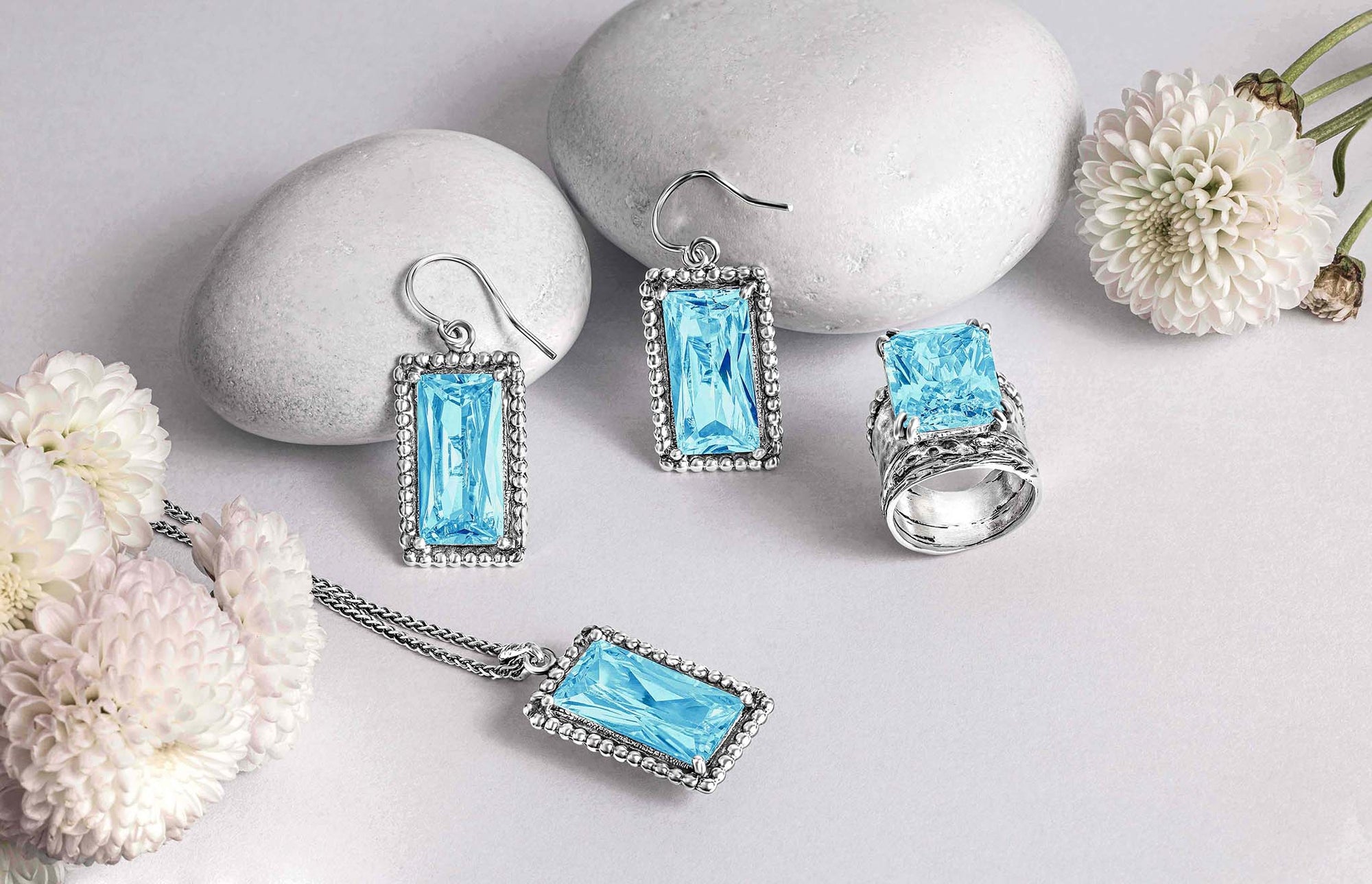 Sterling Silver Aquamarine CZ Baguette Earrings