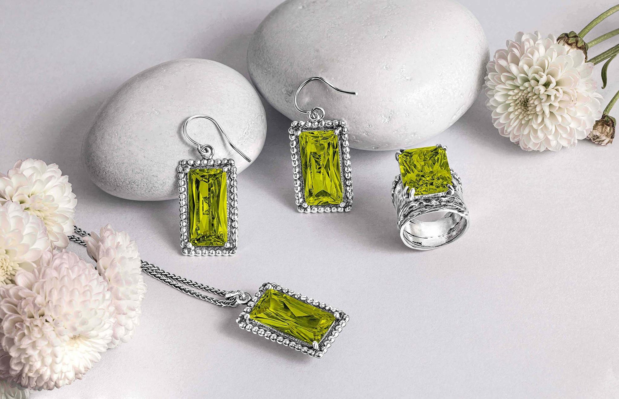Sterling Silver Peridot CZ Baguette Earrings