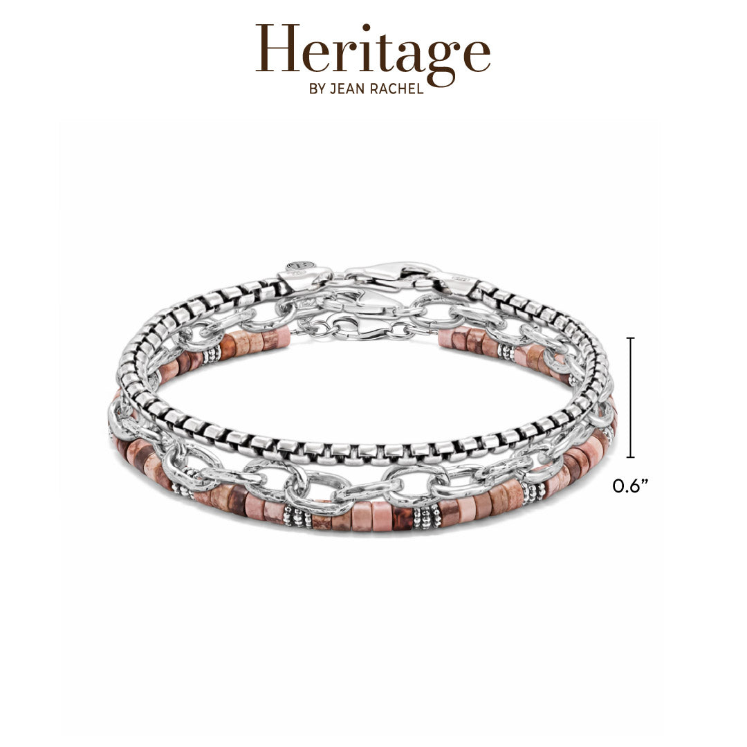 Sterling Silver Chain Bracelet Stack with Rhodonite