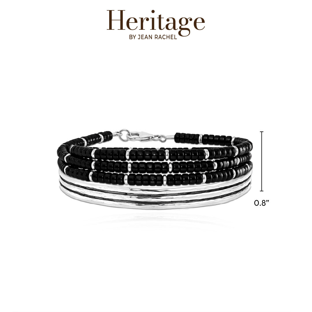 Sterling Silver Ribbed Cuff and Onyx Wraparound Bracelet