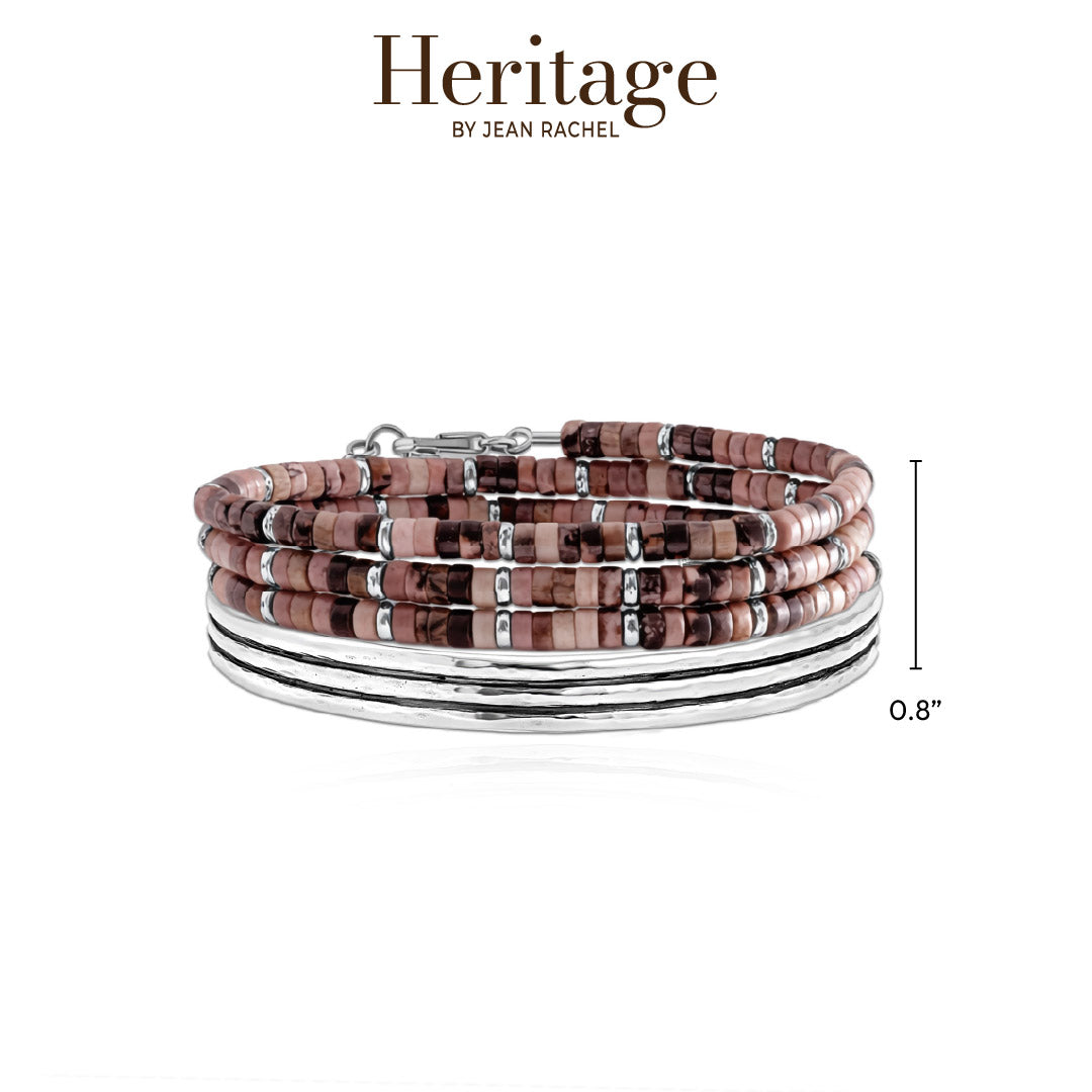 Sterling Silver Ribbed Cuff and Rhodonite Wraparound Bracelet