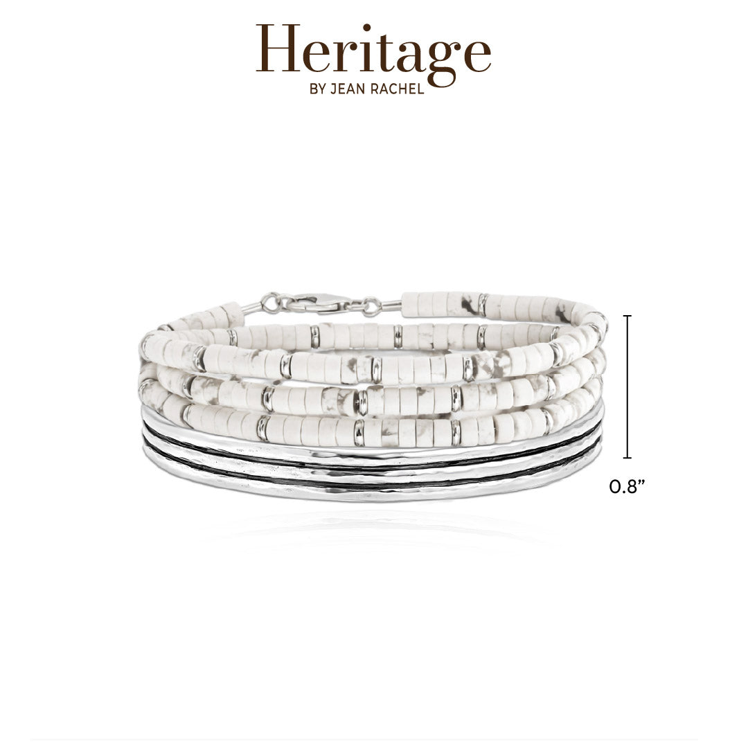 Sterling Silver Ribbed Cuff and White Turquoise Wraparound Bracelet