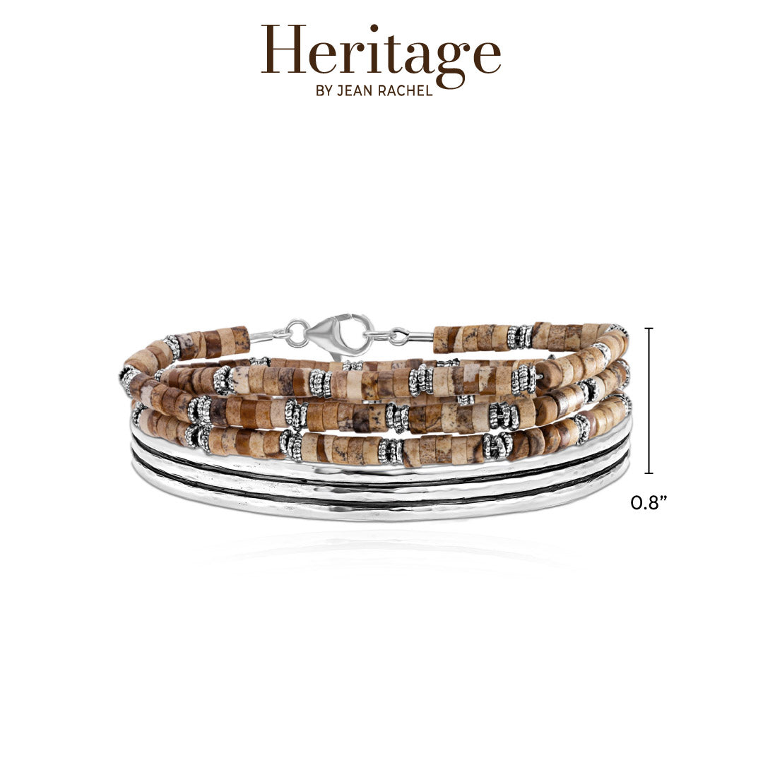 Sterling Silver Jasper Wraparound Bracelet and Ribbed Cuff Stack