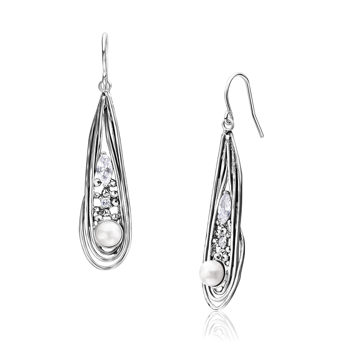 Sterling Silver Pearl CZ Wire Wrap Earrings