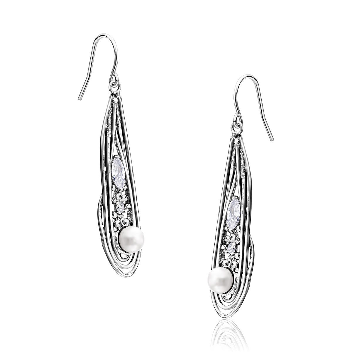 Sterling Silver Pearl CZ Wire Wrap Earrings