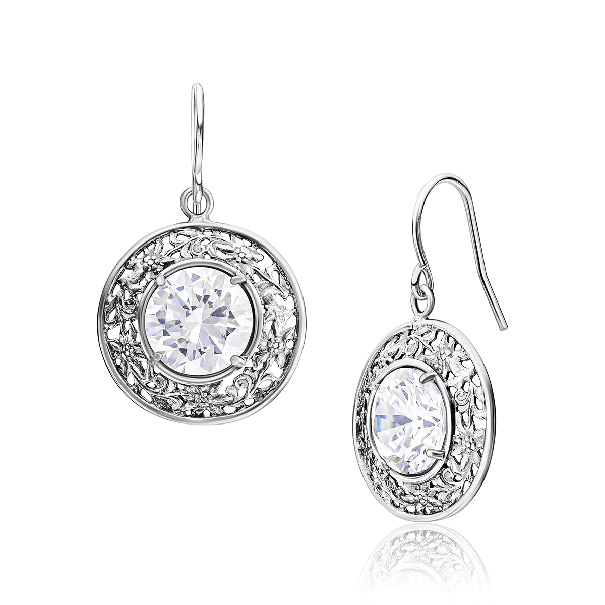 Round Sterling Silver Floral CZ Earrings