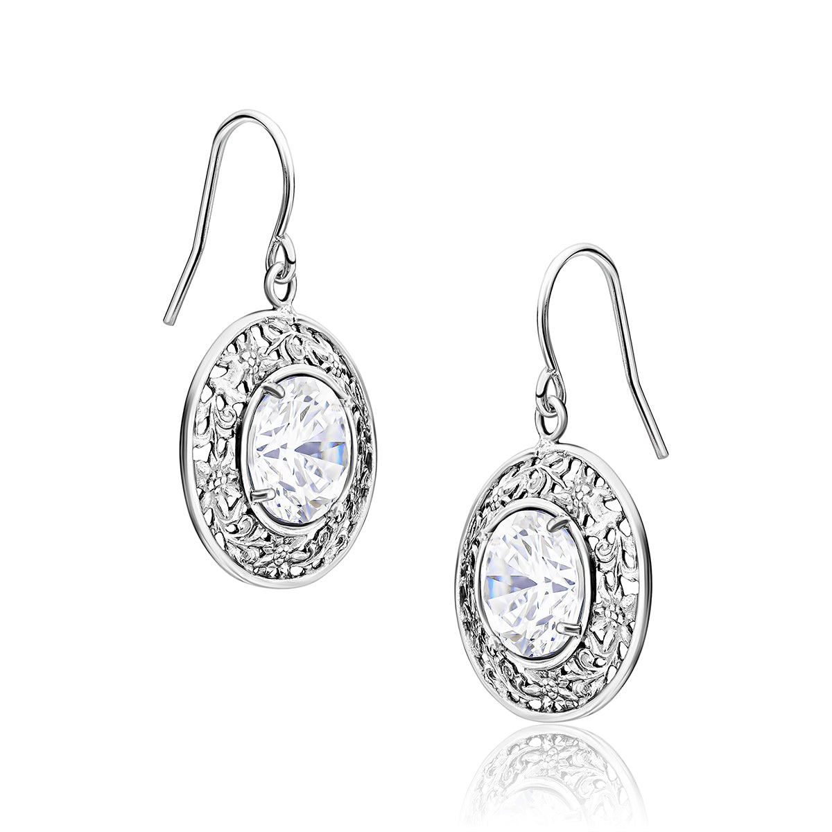 Round Sterling Silver Floral CZ Earrings