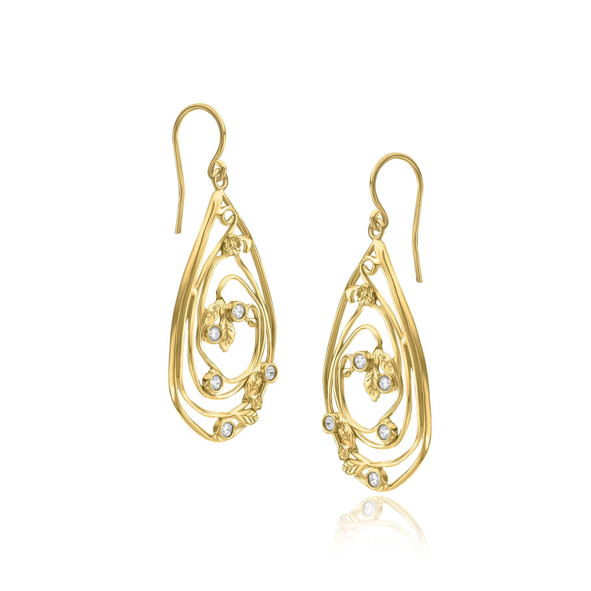 14K Gold Over Sterling Silver CZ Floral Leaf Earrings
