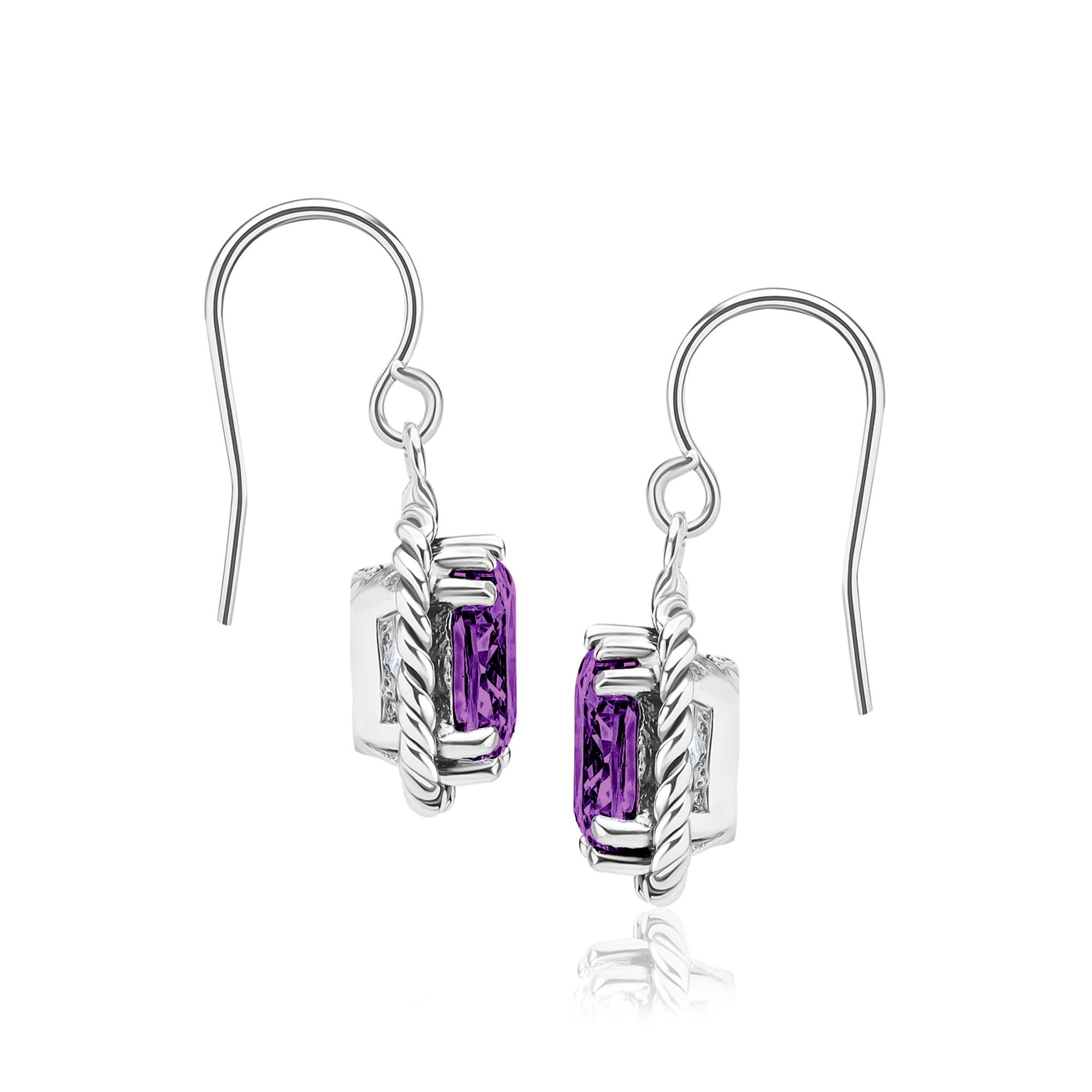 Sterling Silver Amethyst CZ Braid Dangle Earrings