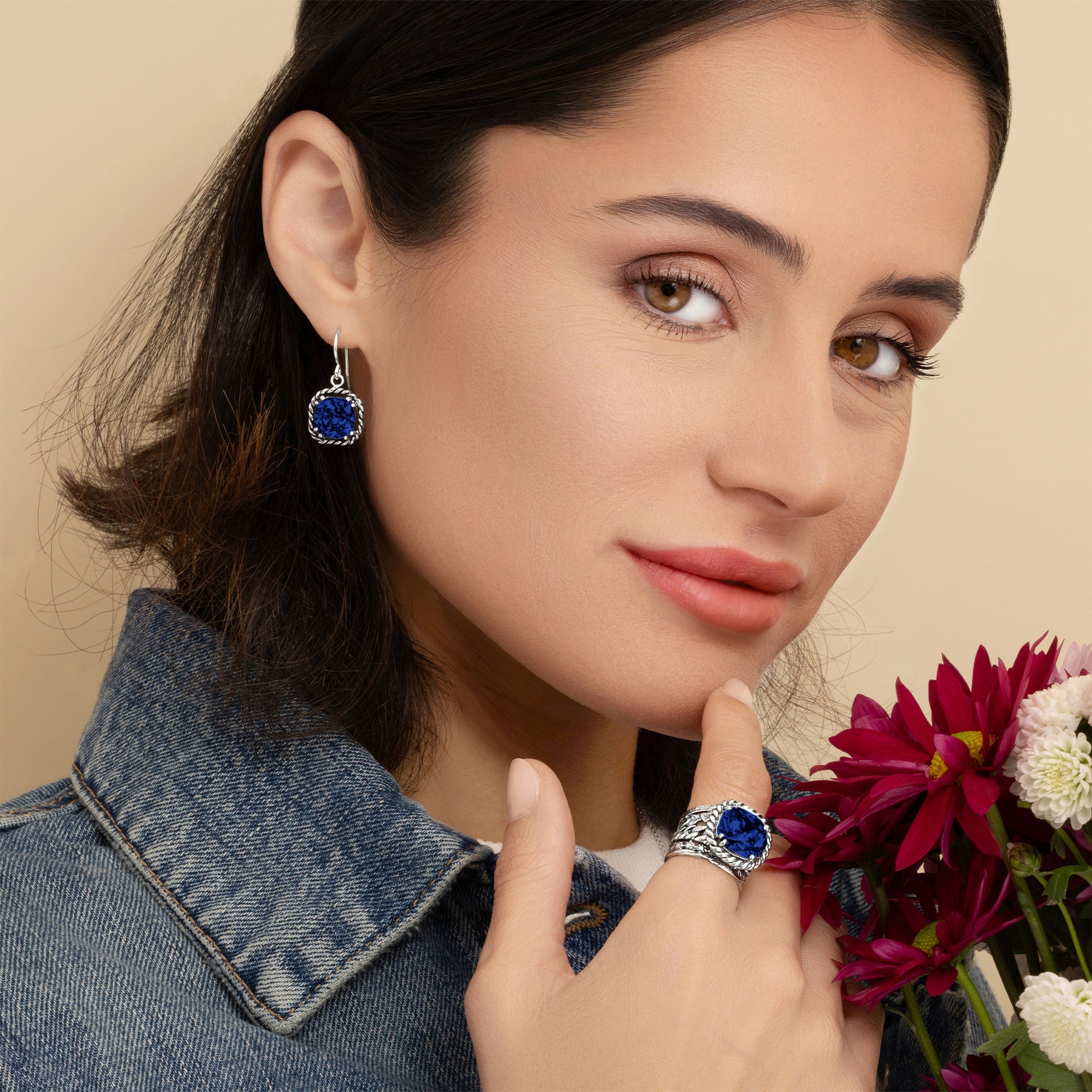 Sterling Silver Sapphire CZ Braid Dangle Earrings