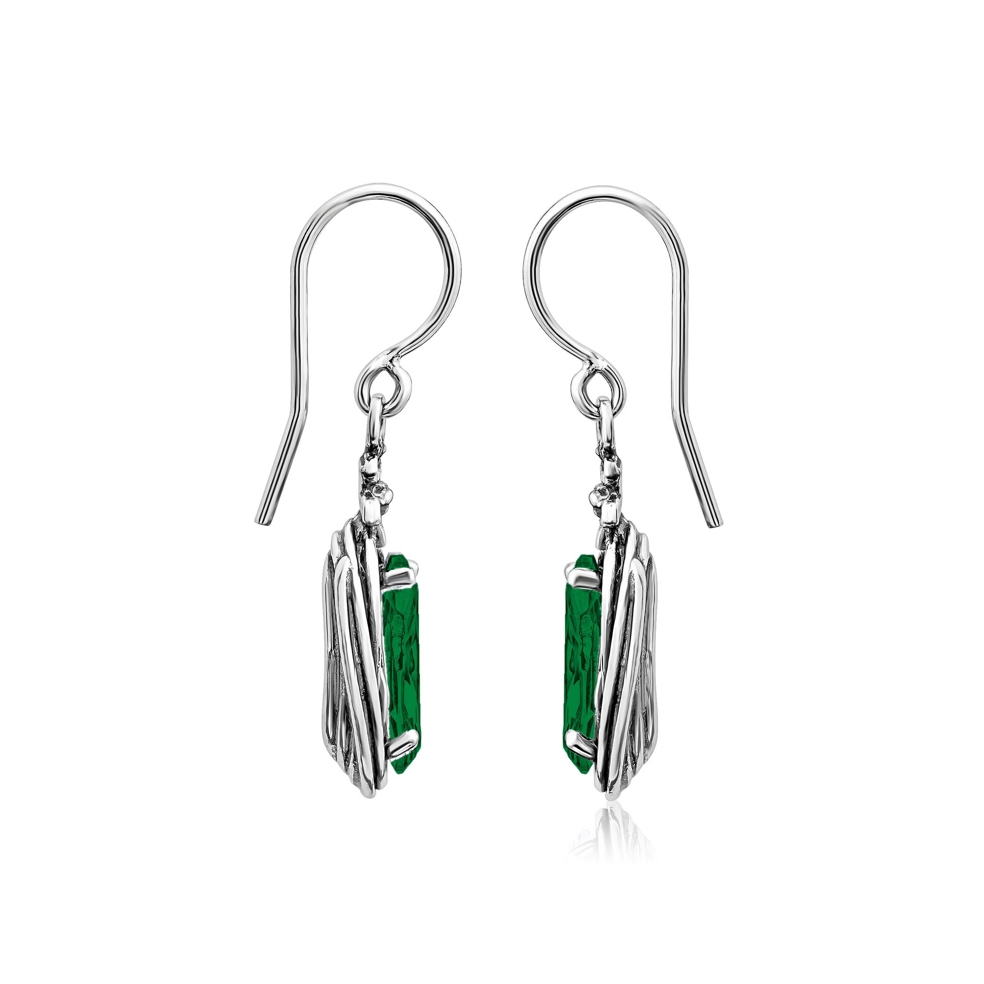 Sterling Silver Emerald CZ Floral Wire Wrap Earrings