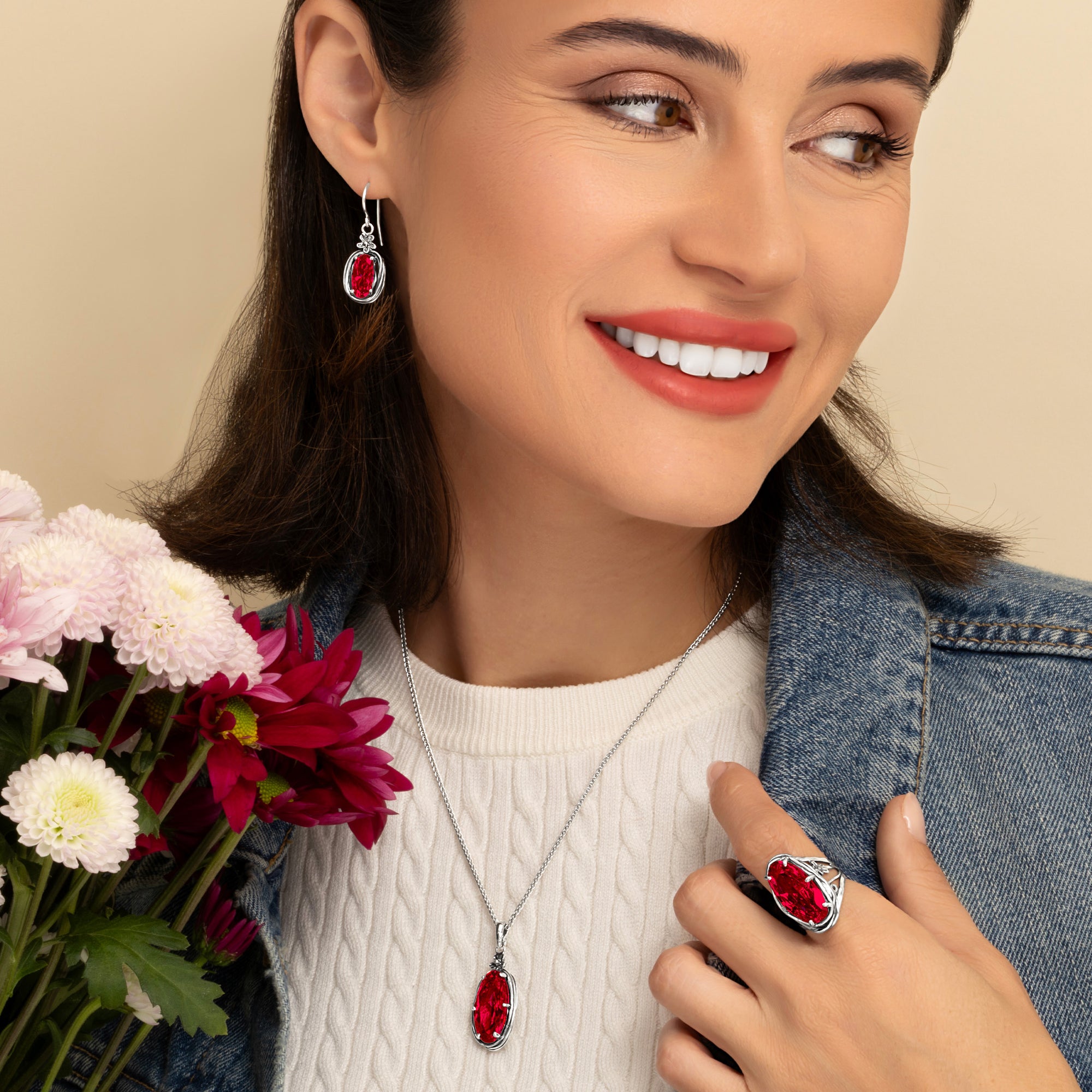 Sterling Silver Ruby CZ Floral Wire Wrap Earrings