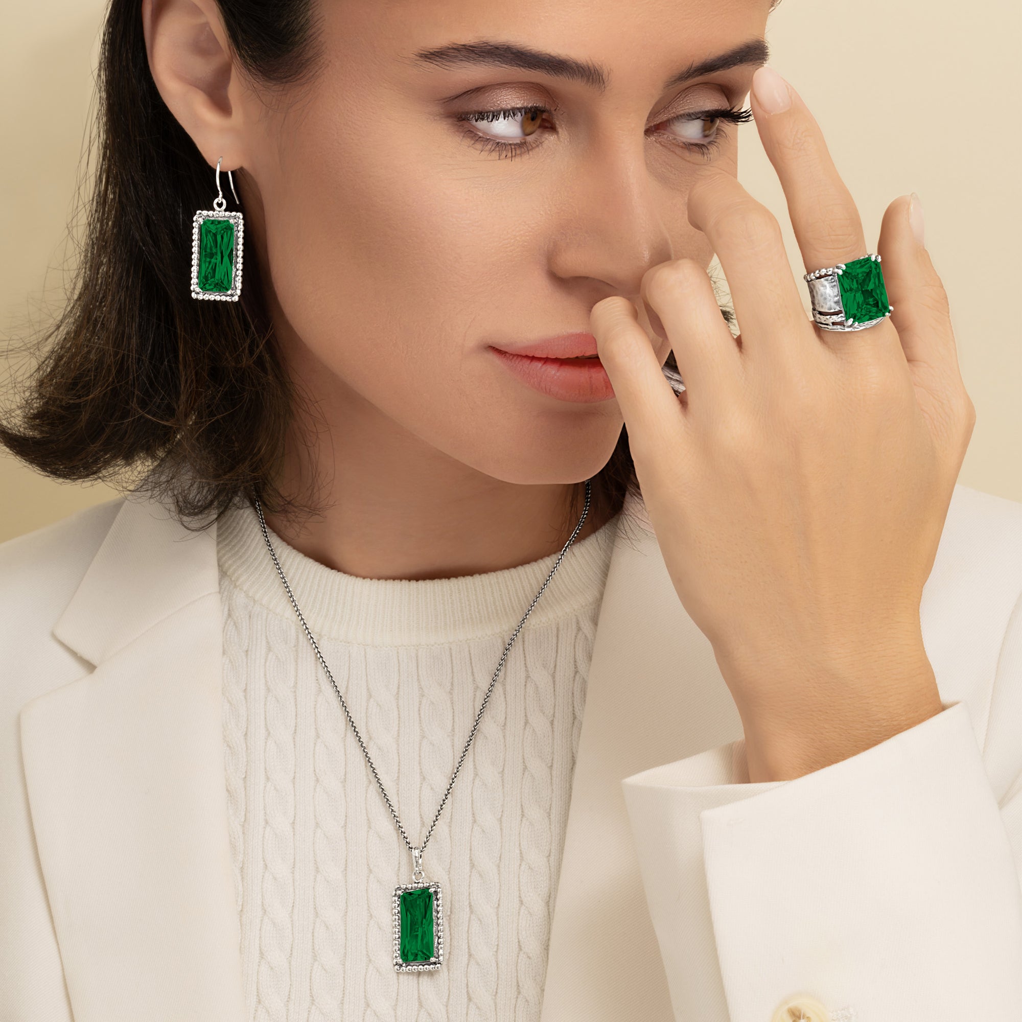 Sterling Silver Emerald CZ Baguette Earrings
