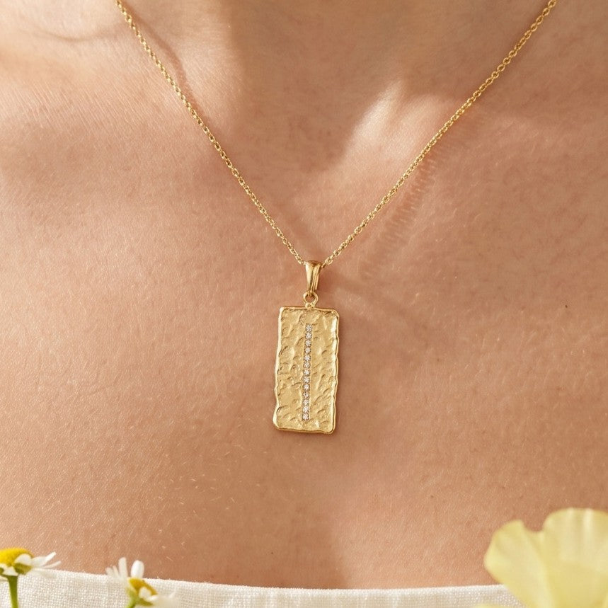 14K Gold Over Sterling Silver CZ Vertical Bar Necklace