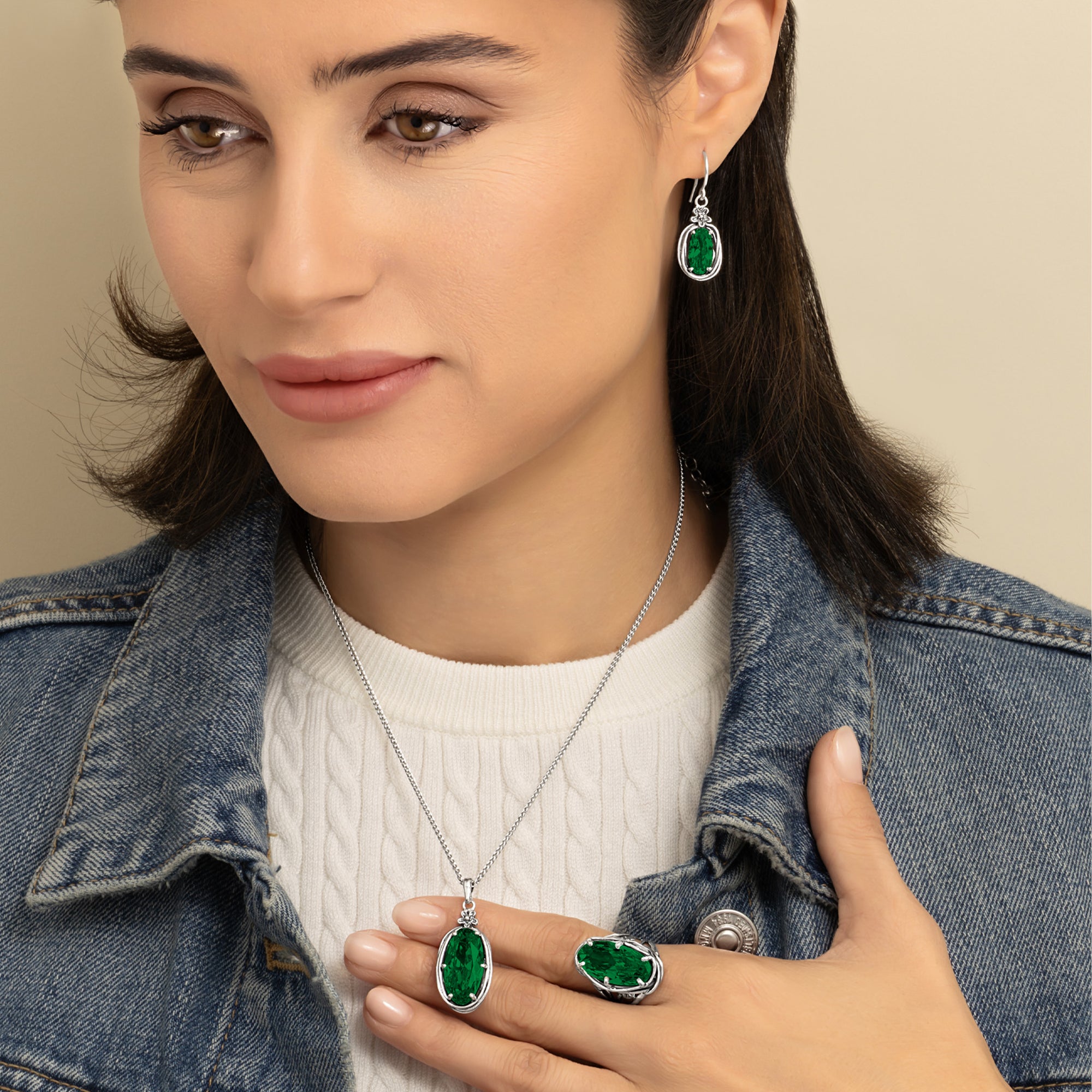 Sterling Silver Emerald CZ Floral Wire Wrap Necklace