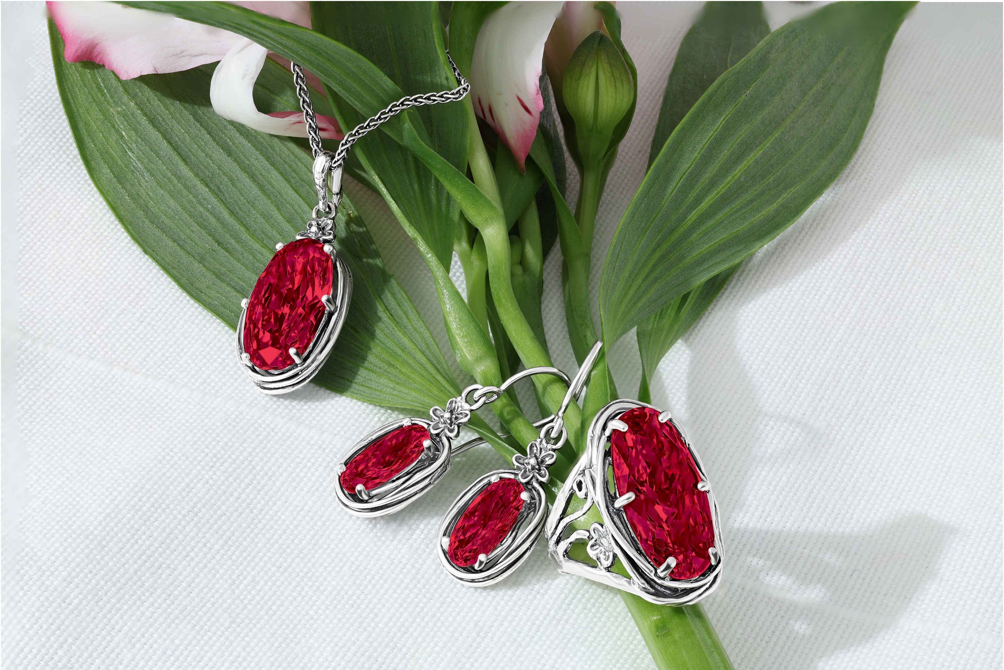 Sterling Silver Ruby CZ Floral Wire Wrap Necklace