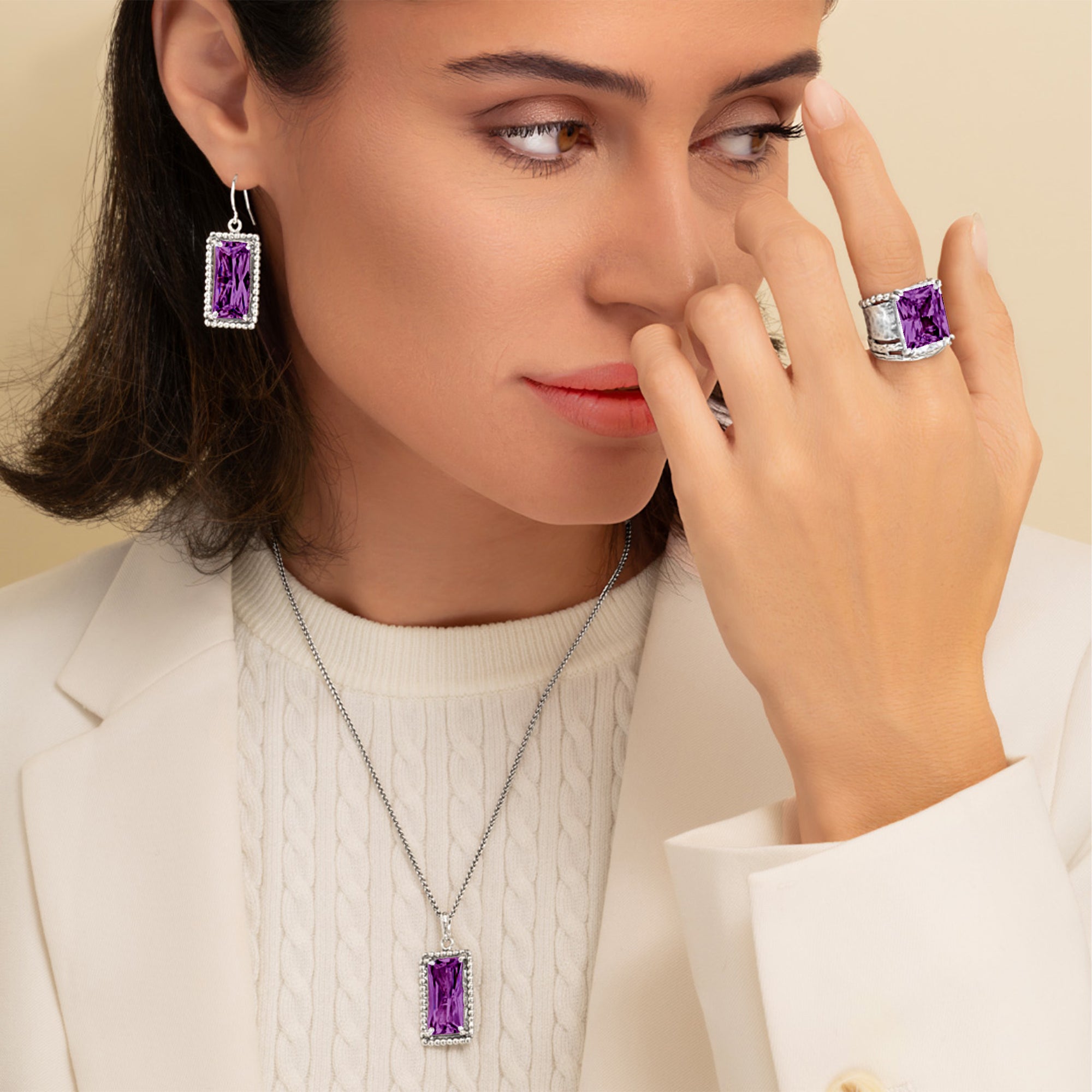 Sterling Silver Amethyst CZ Baguette Necklace