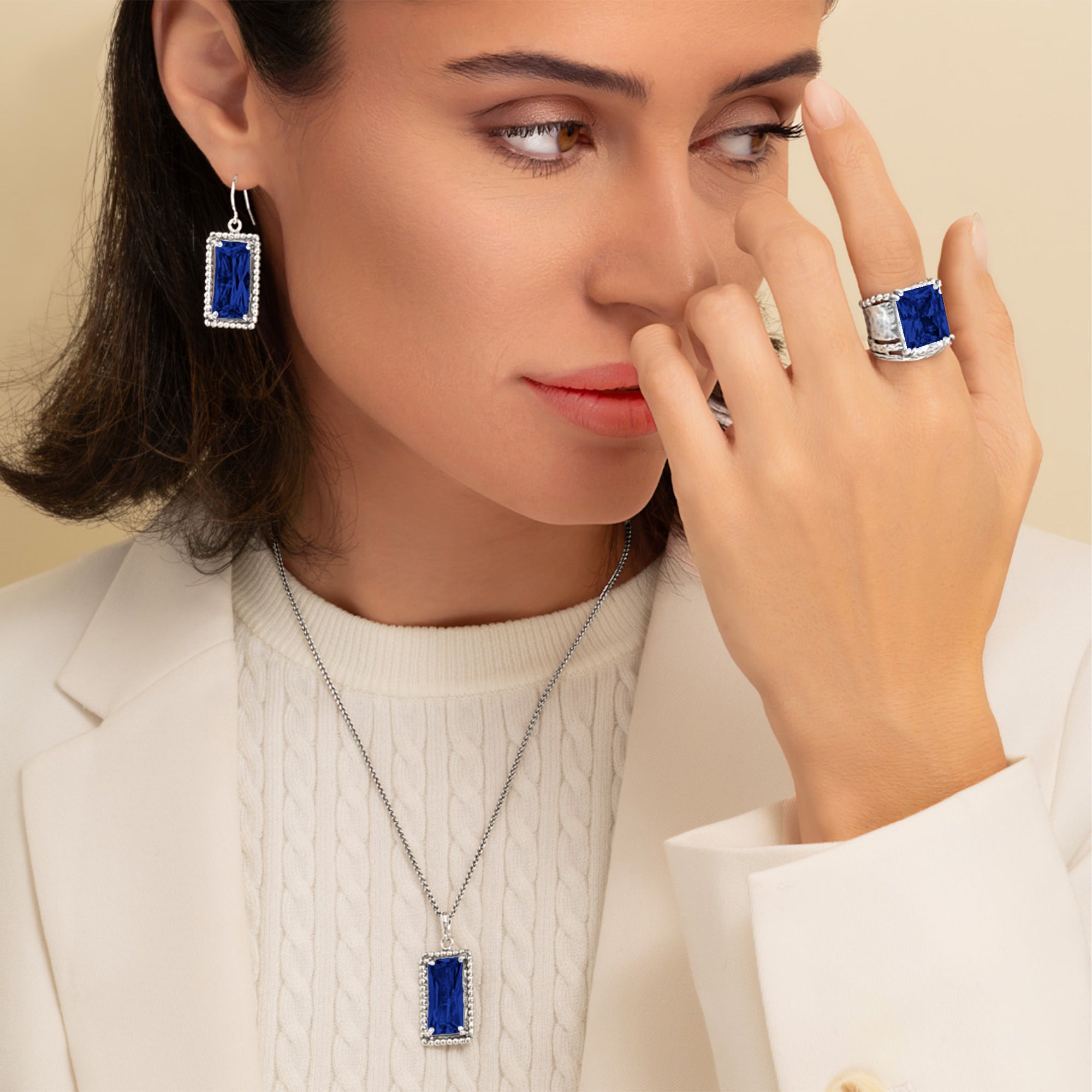 Sterling Silver Sapphire CZ Baguette Necklace