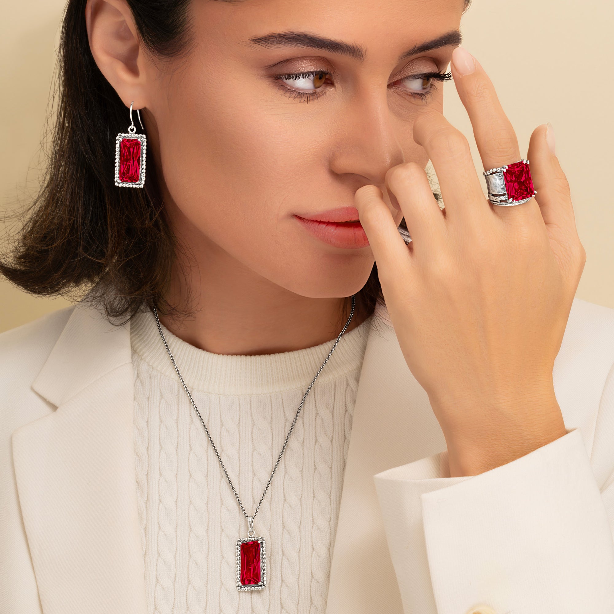 Sterling Silver Ruby CZ Baguette Necklace