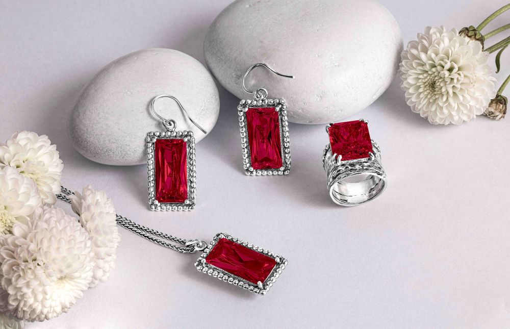Sterling Silver Ruby CZ Baguette Necklace