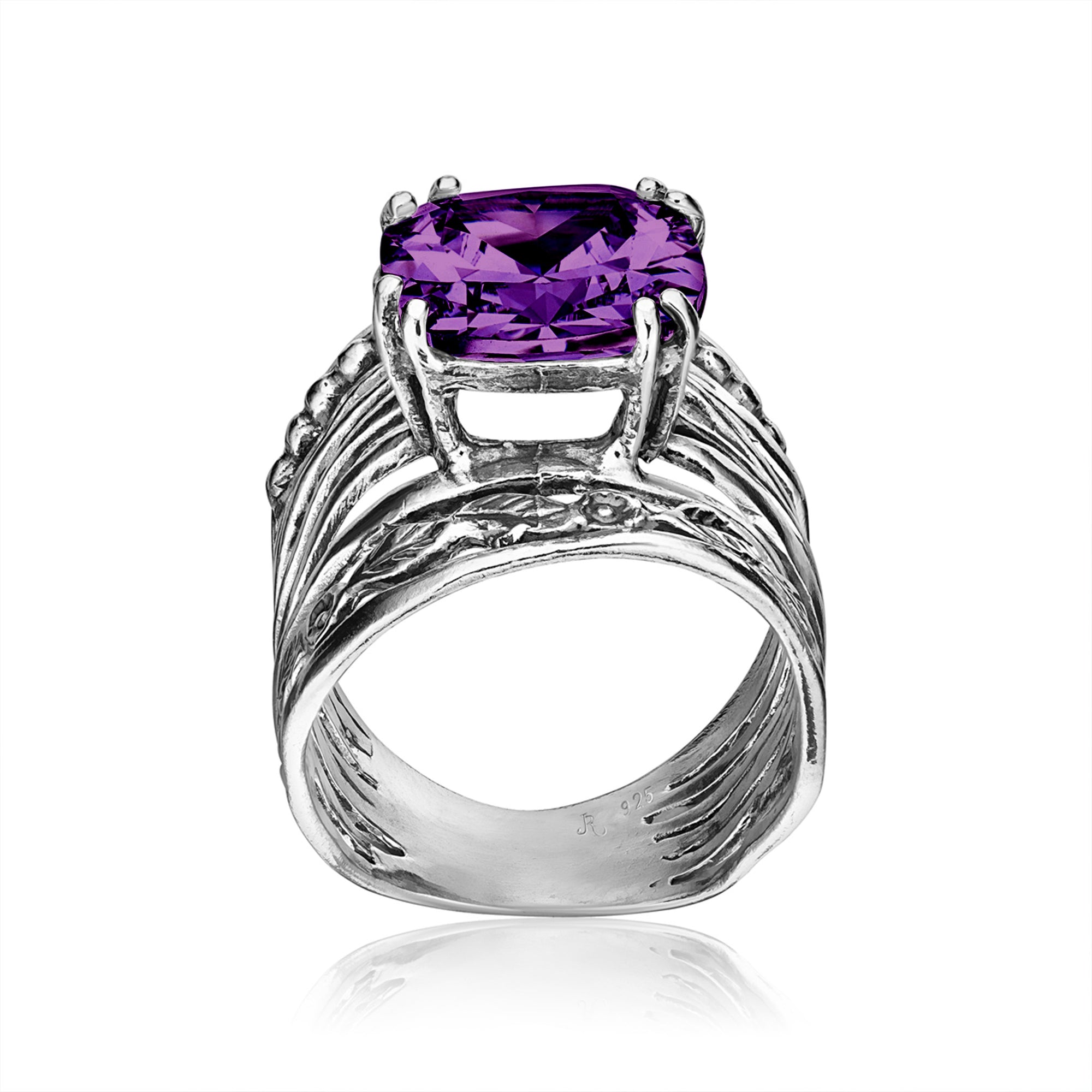 Sterling Silver Amethyst CZ Floral Ring