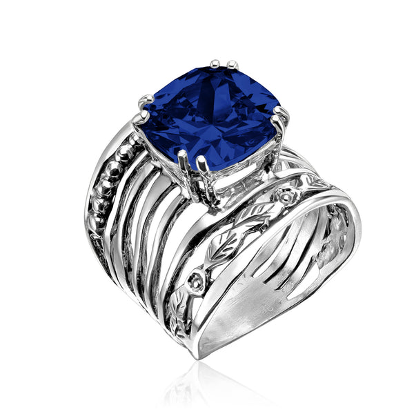 Sterling Silver Sapphire CZ Floral Ring
