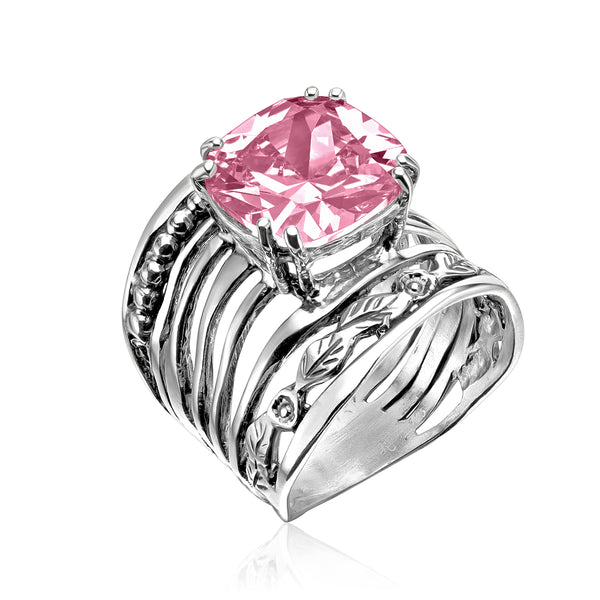 Sterling Silver Pink CZ Floral Ring