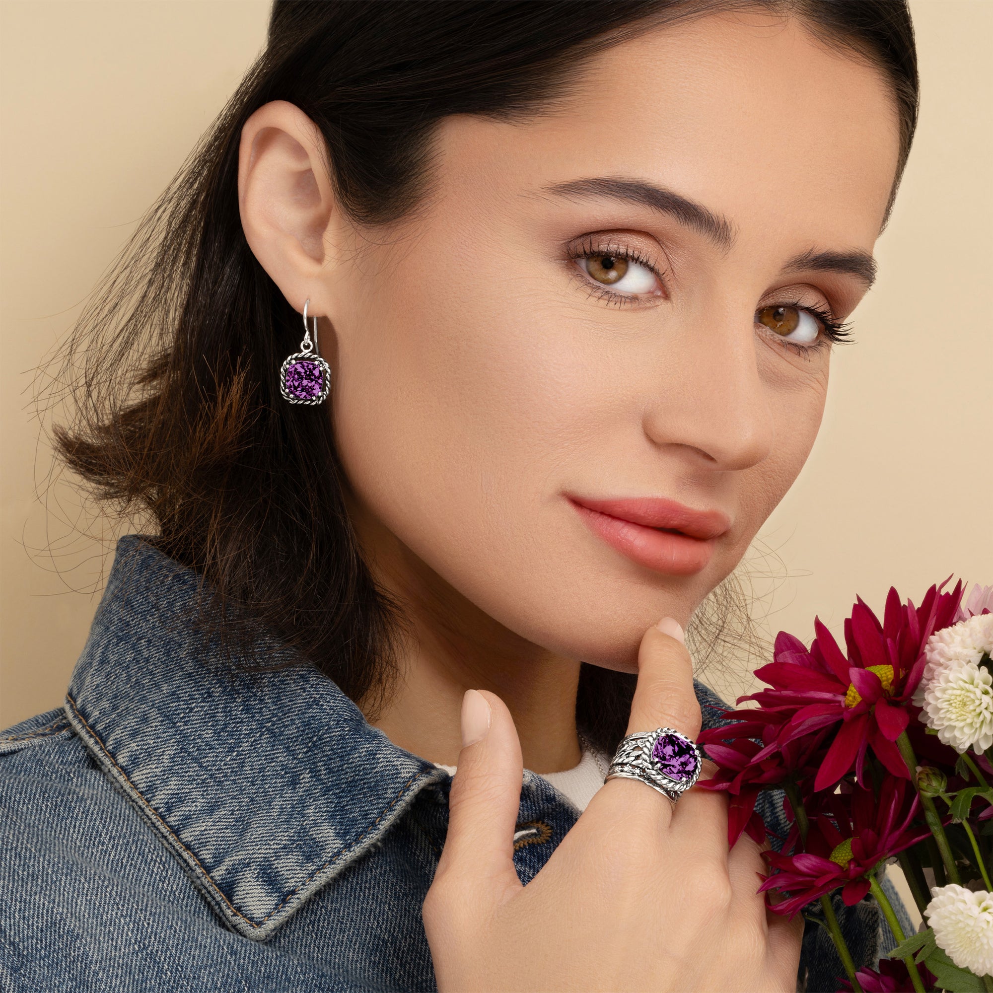 Sterling Silver Amethyst CZ Braid Leaf Ring