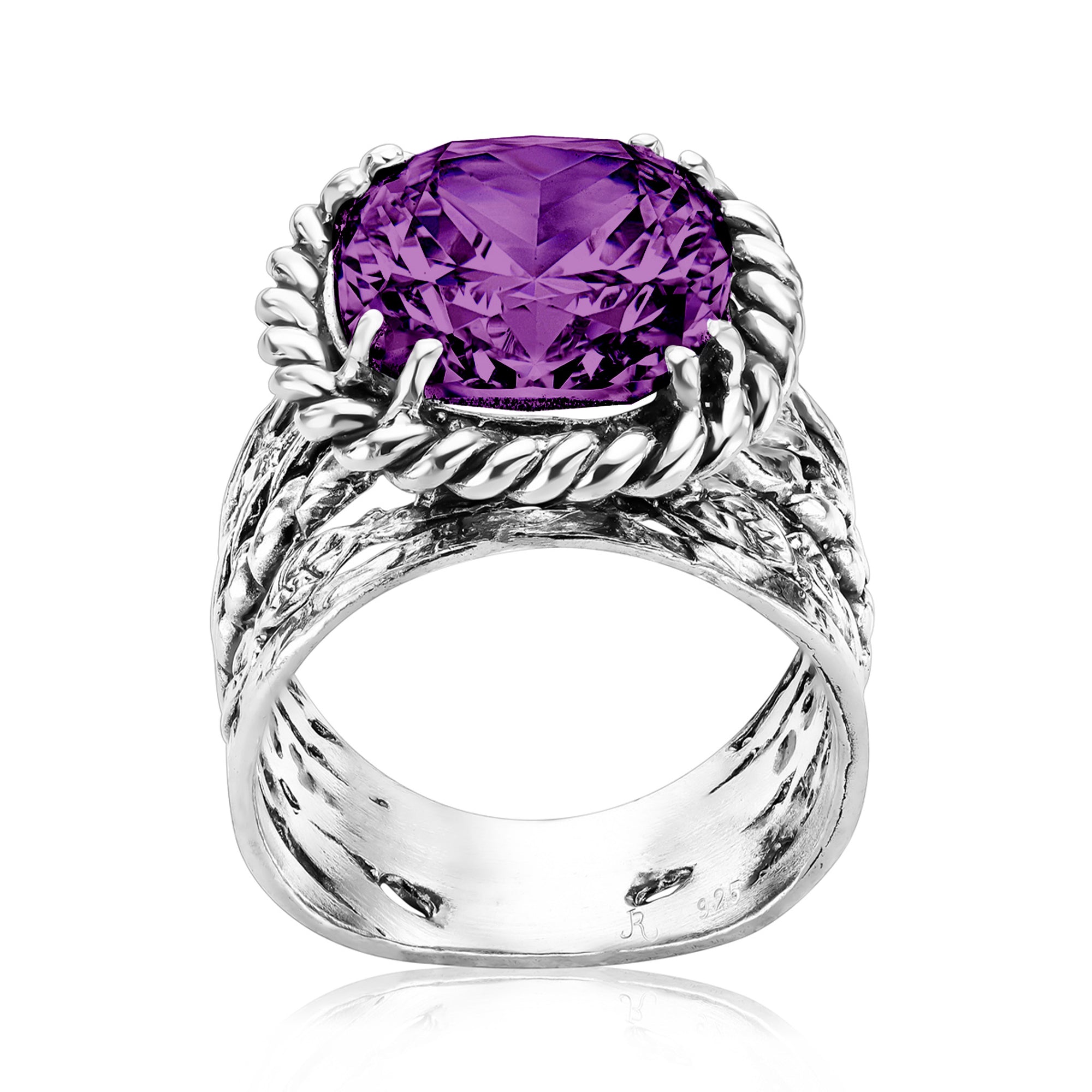 Sterling Silver Amethyst CZ Braid Leaf Ring