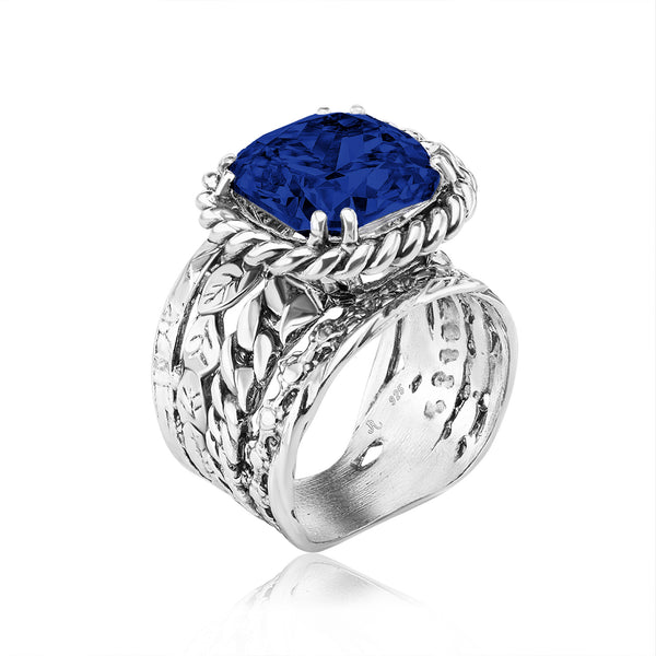 Sterling Silver Sapphire CZ Braid Leaf Ring