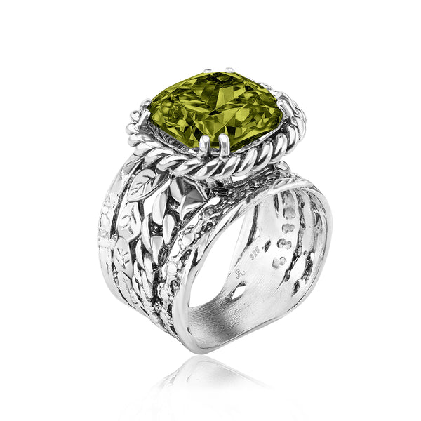 Sterling Silver Peridot CZ Braid Leaf Ring