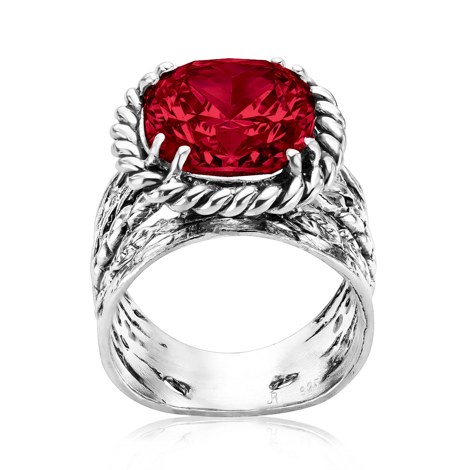 Sterling Silver Ruby CZ Braid Leaf Ring