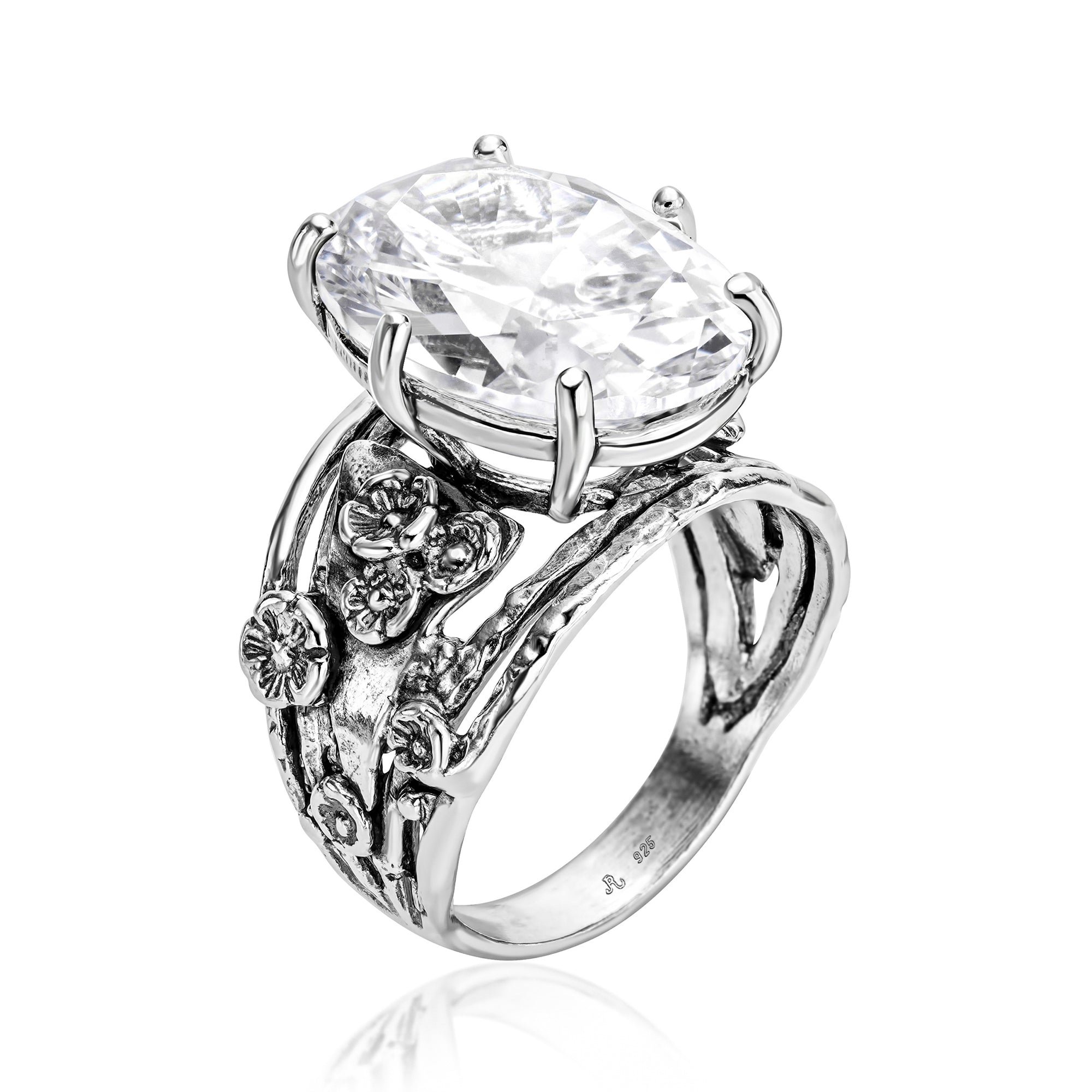 Sterling Silver Oval CZ Floral Ring