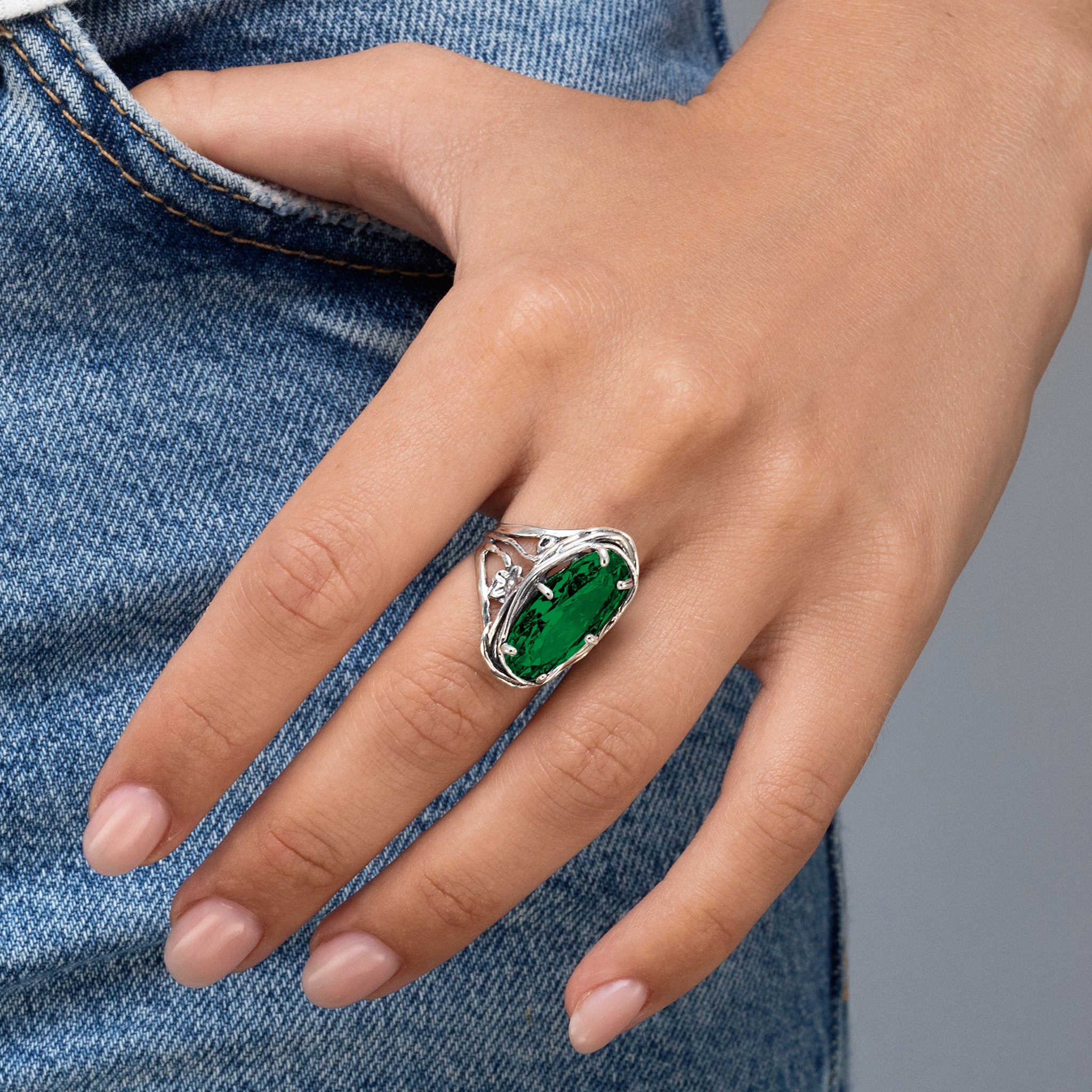 ☆TATIANA☆ Silver 925 Emerald Oval Bezel RingCR0489 5.00 Ct Vintage Women's 925 Sterling Silver Octagon Cut Nano