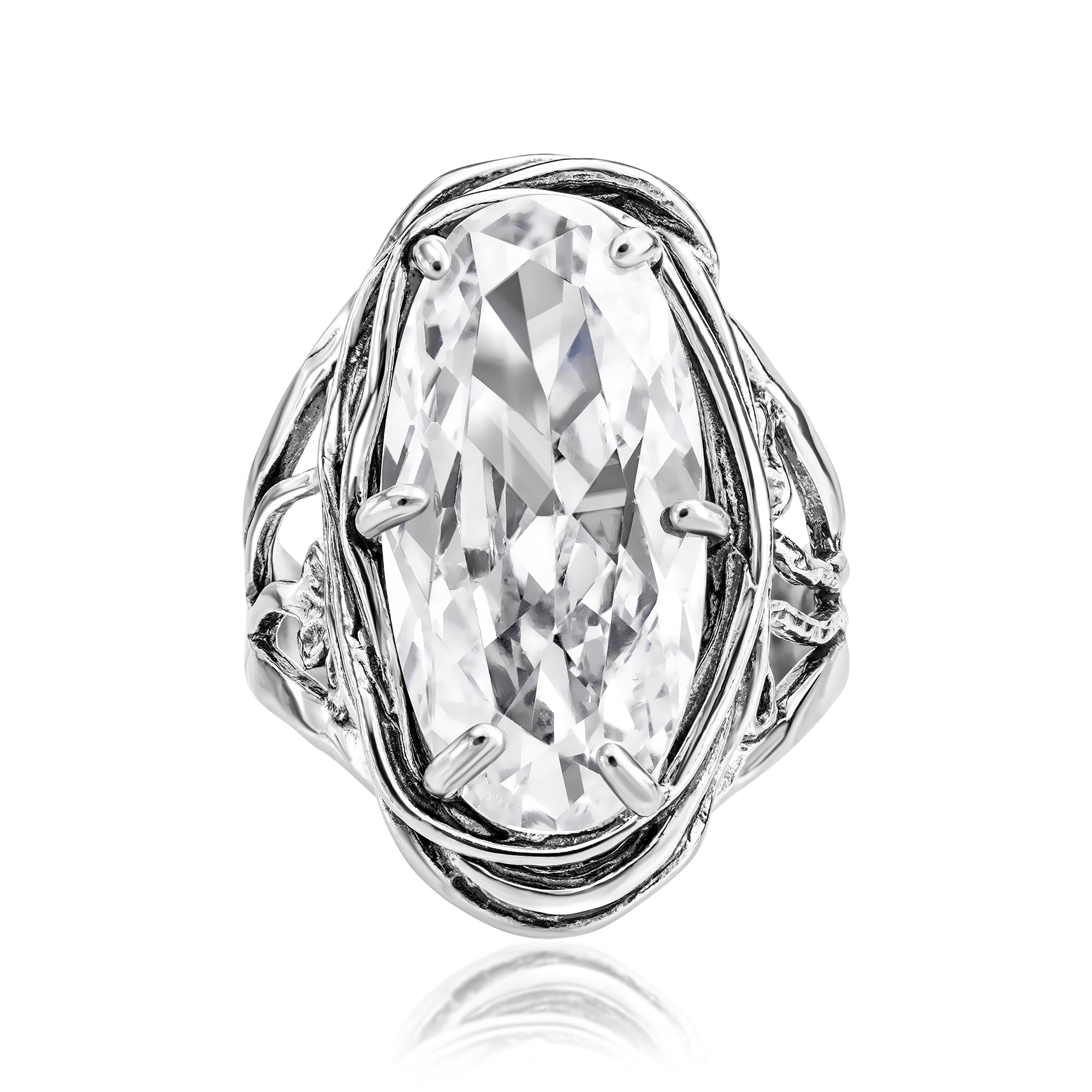 Sterling Silver Oval CZ Floral Wire Wrap Ring