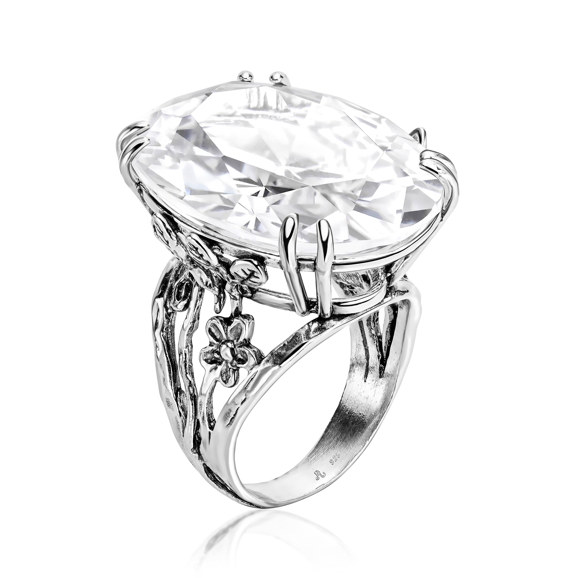Sterling Silver Floating Oval CZ Floral Ring