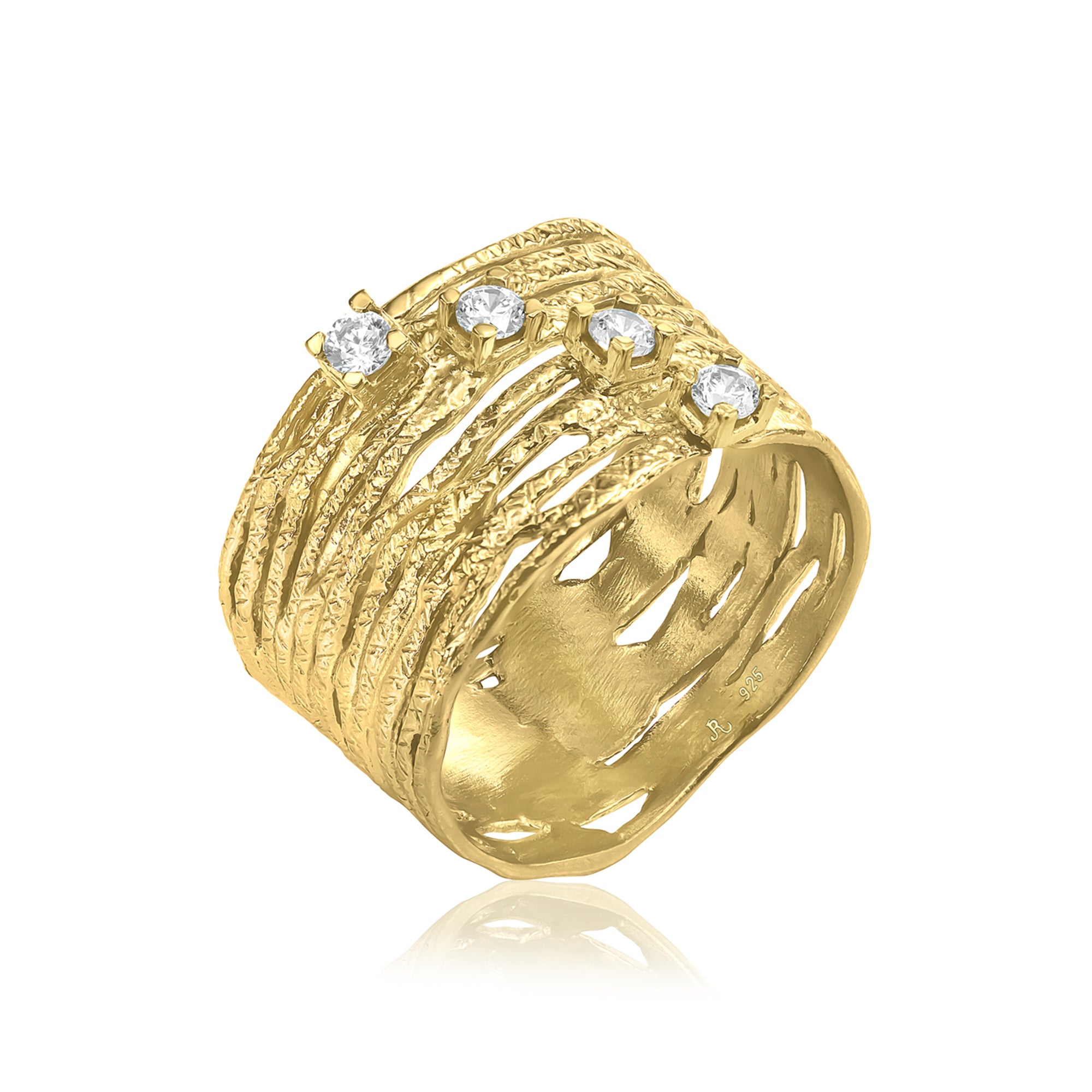 Textured 14K Gold Over Sterling Silver CZ Ring