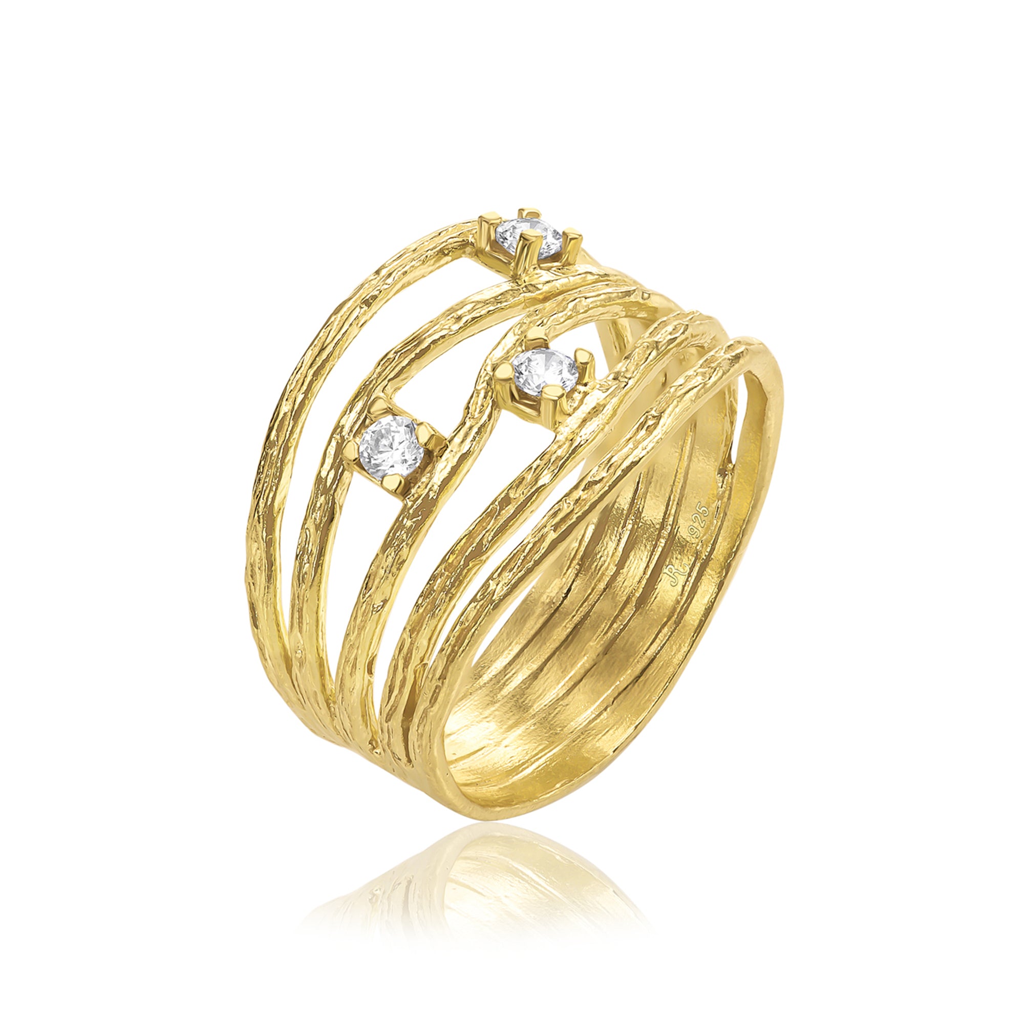 14K Gold Over Sterling Silver Textured Wire Wrap CZ Ring