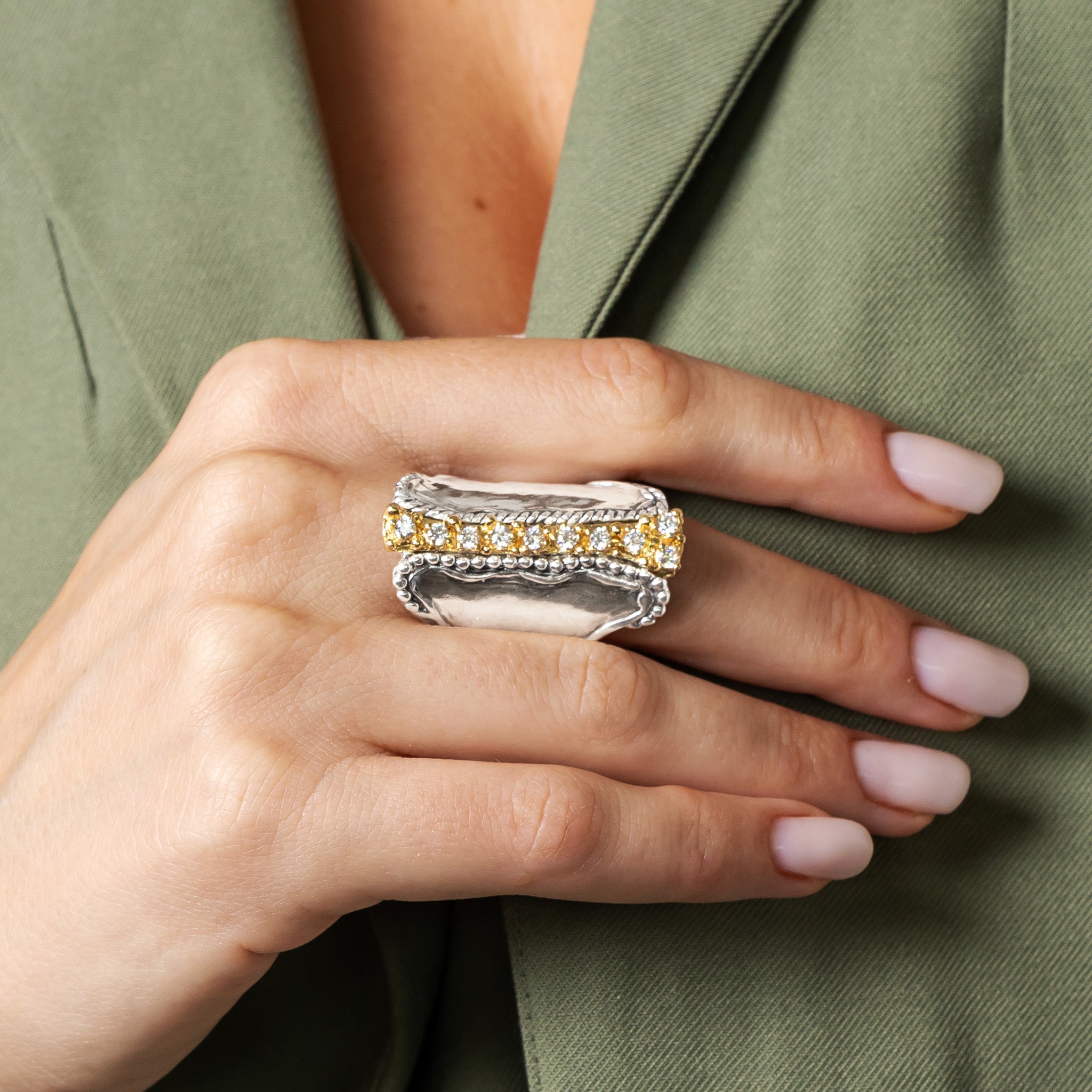 Mixed Metal CZ Rope Bead Shield Ring – Jean Rachel Jewelry