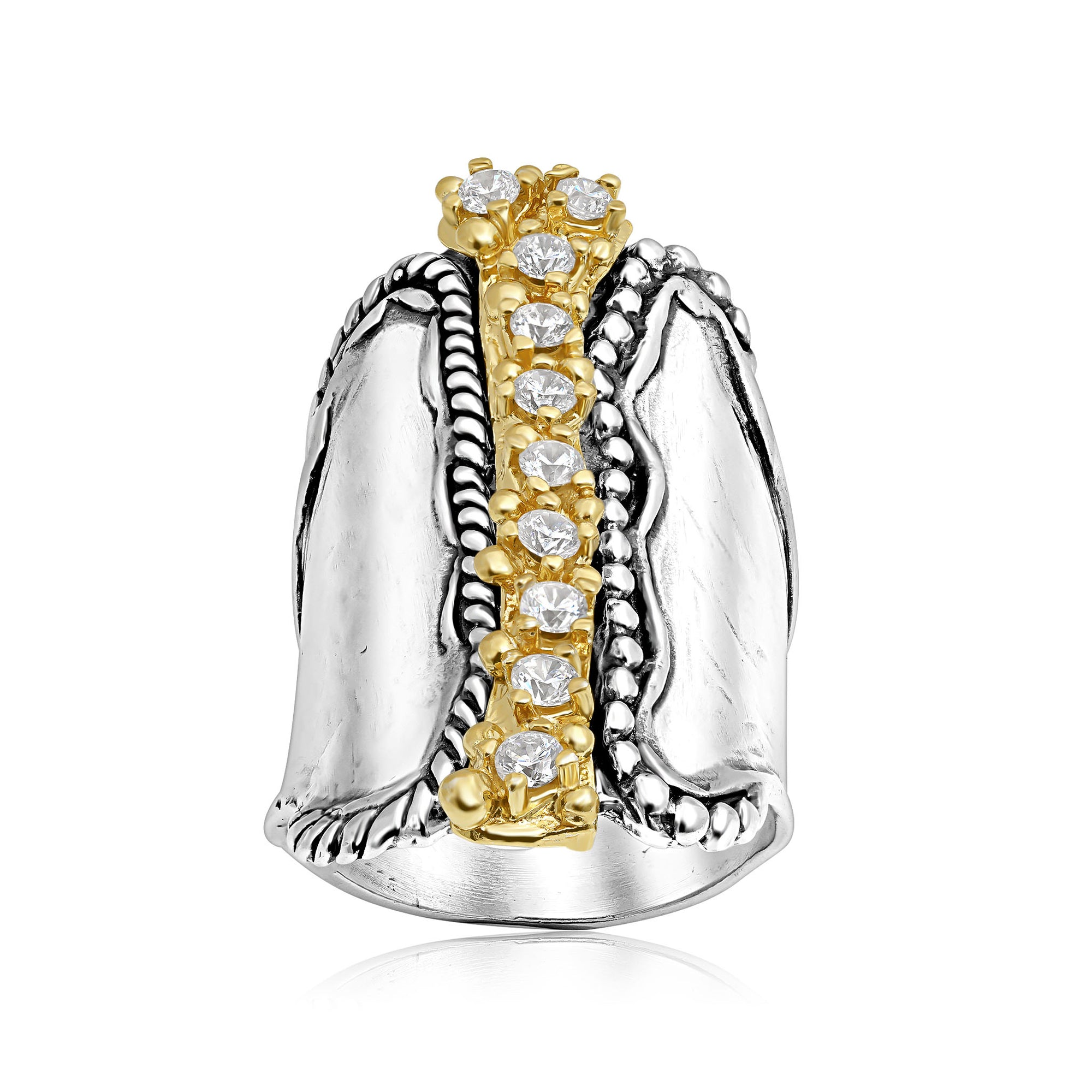 Mixed Metal CZ Rope Bead Shield Ring