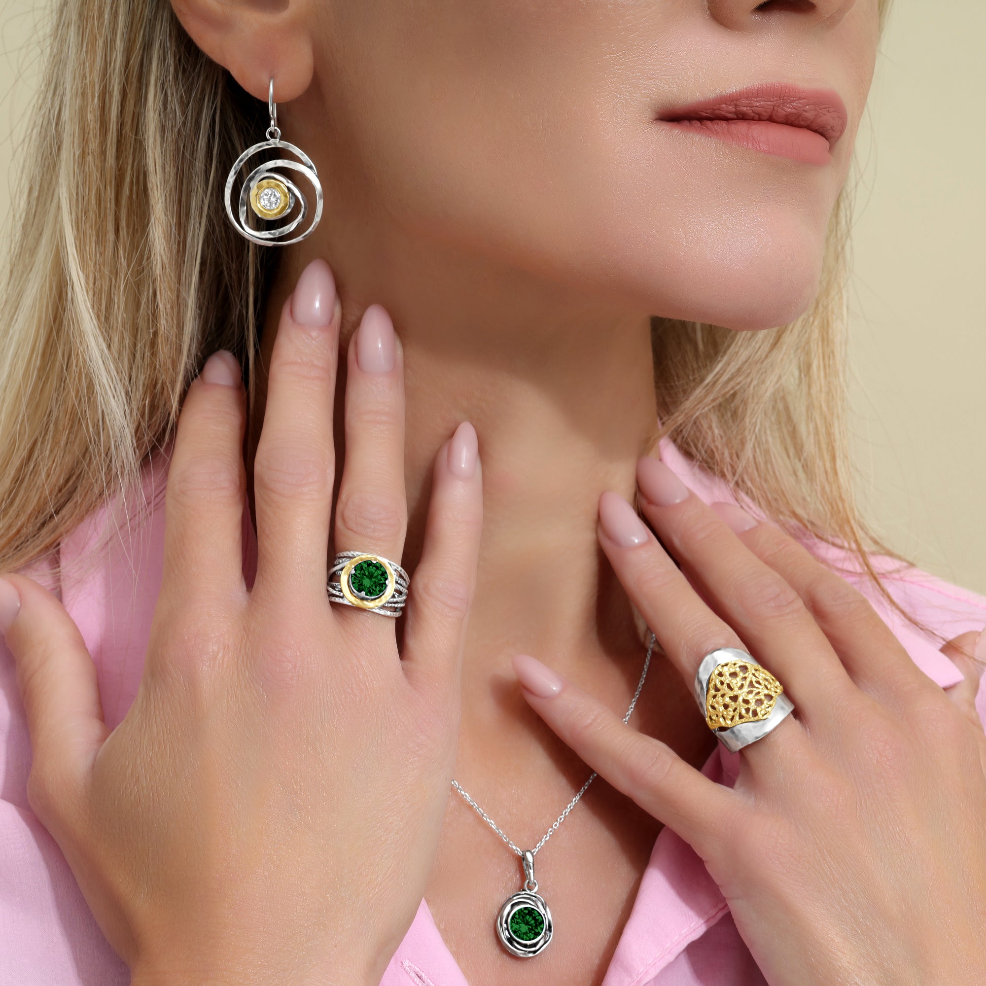 Mixed Metal Emerald CZ Wire Wrap Ring