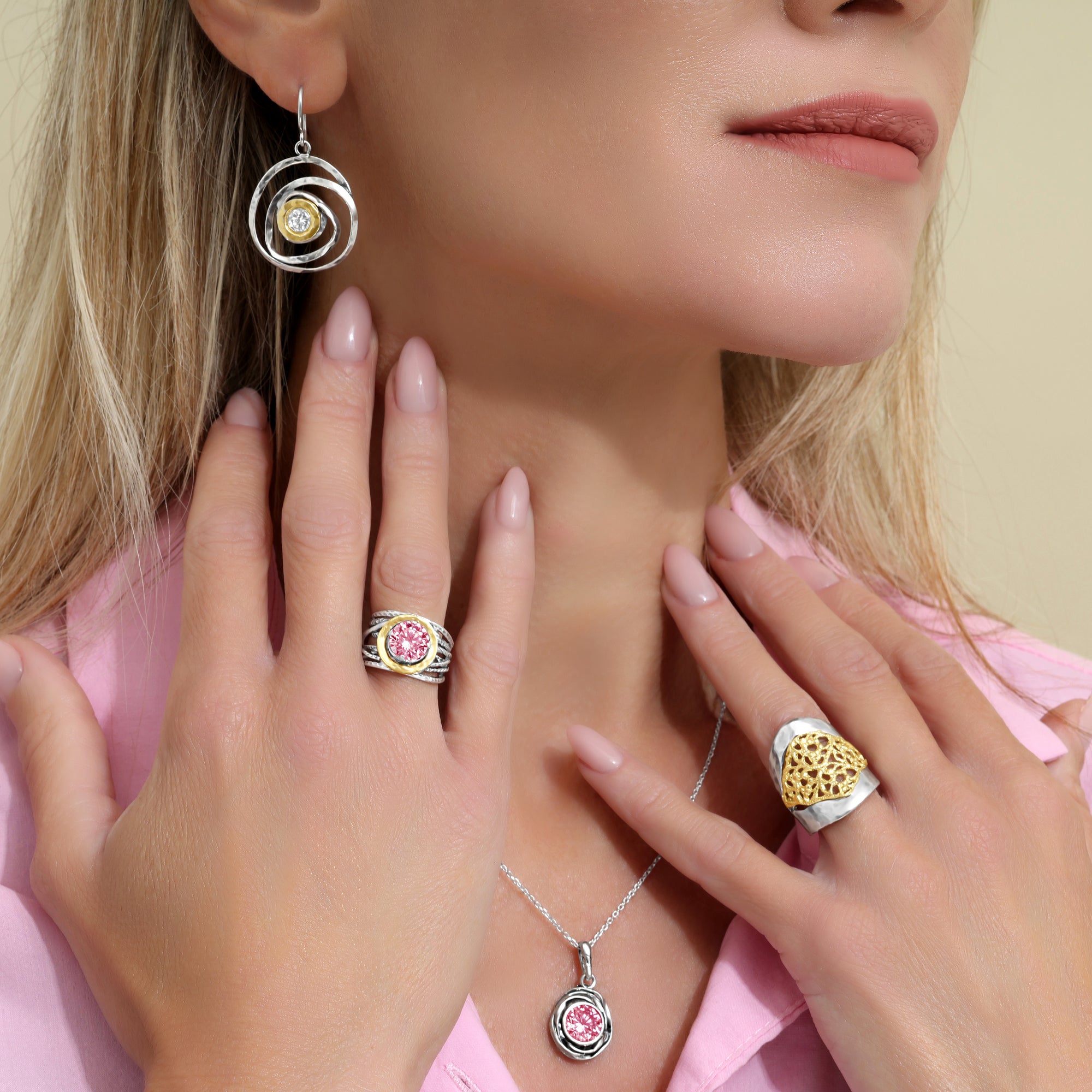 Mixed Metal Pink CZ Wire Wrap Ring