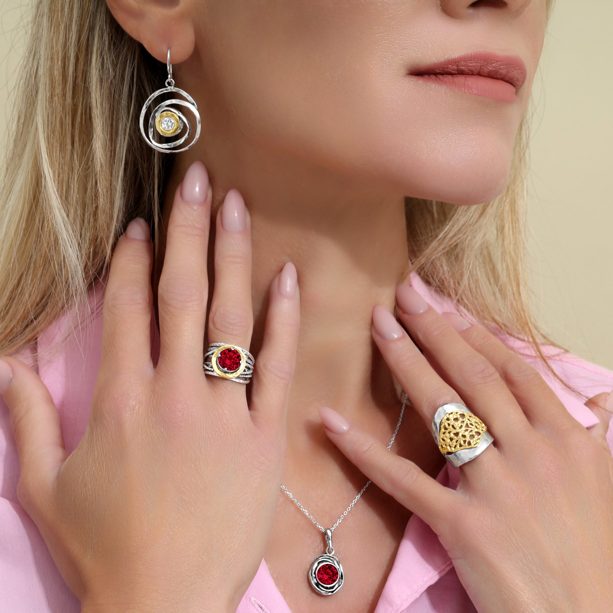 Mixed Metal Ruby CZ Wire Wrap Ring