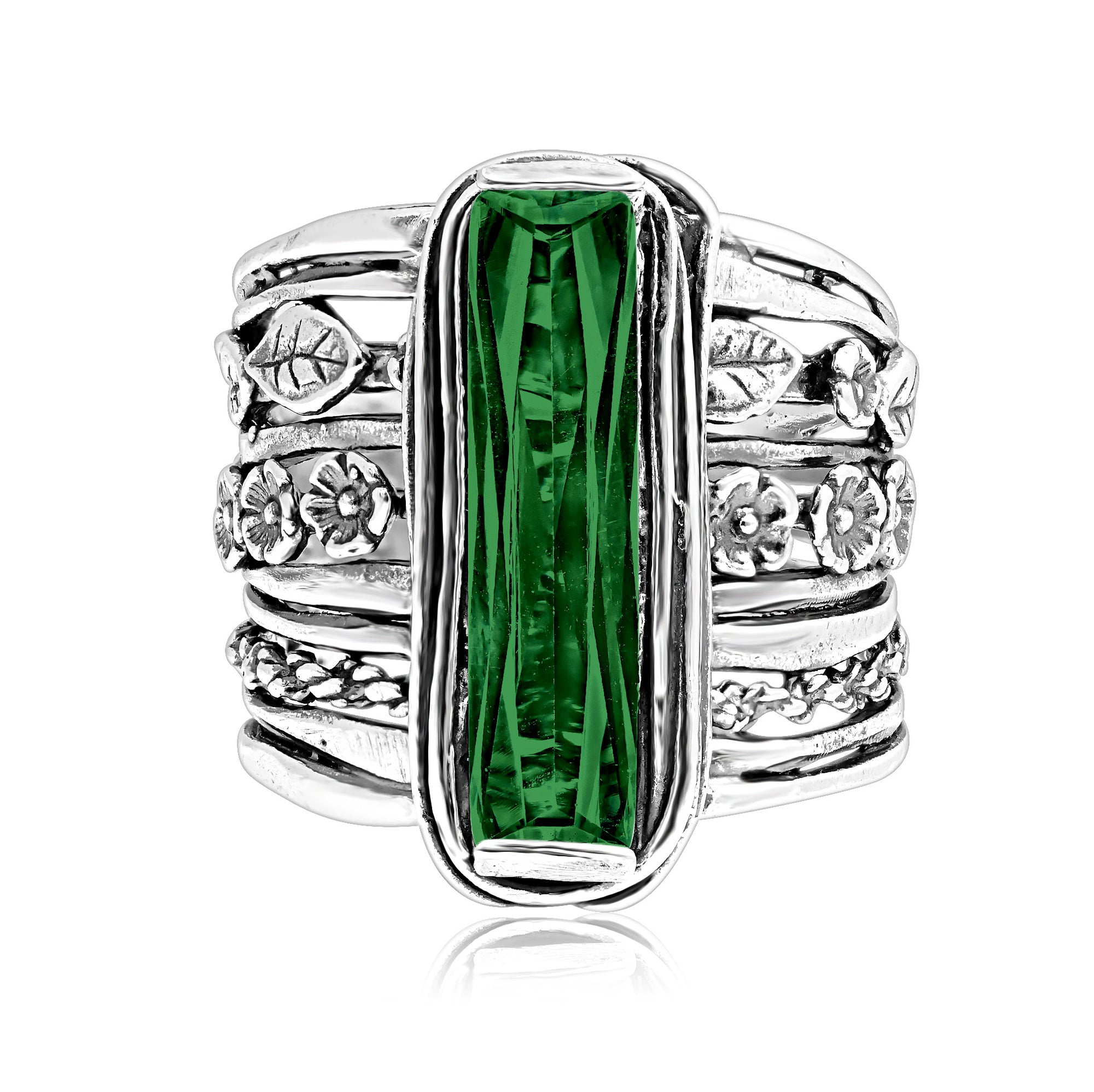 Sterling Silver Baguette Emerald CZ Floral Ring