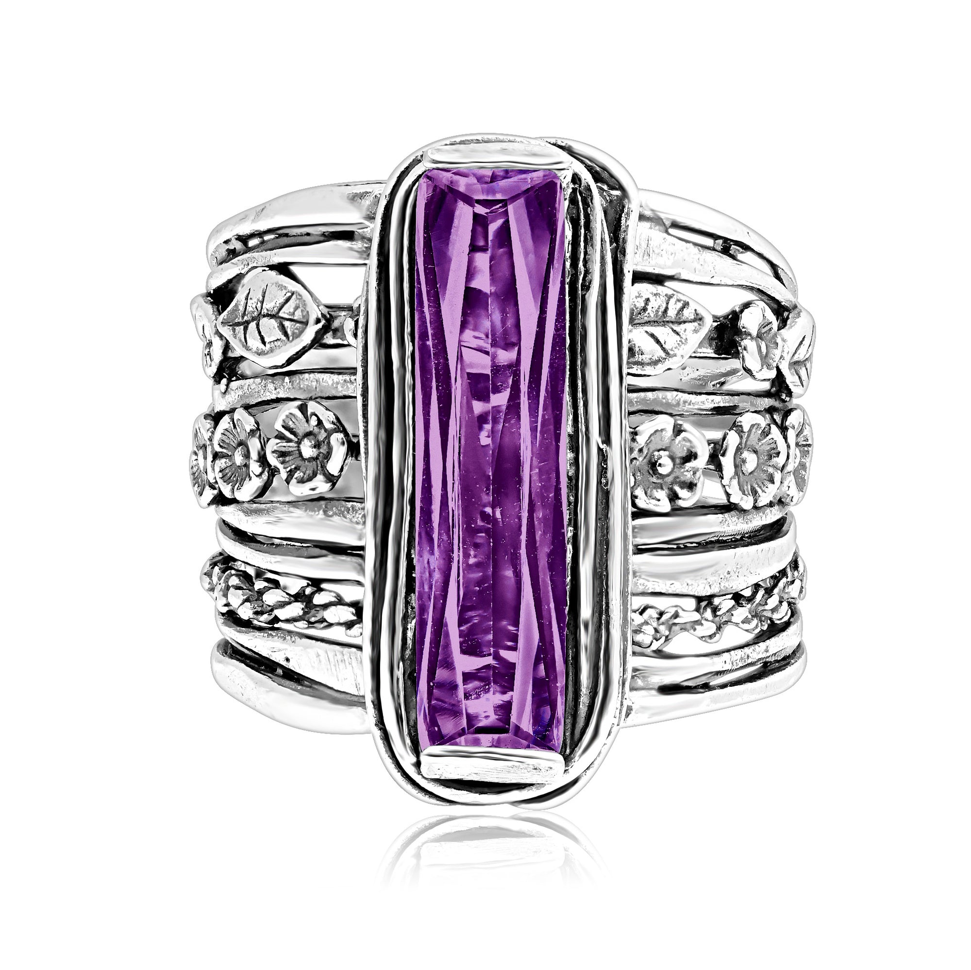 Sterling Silver Baguette Amethyst CZ Floral Ring
