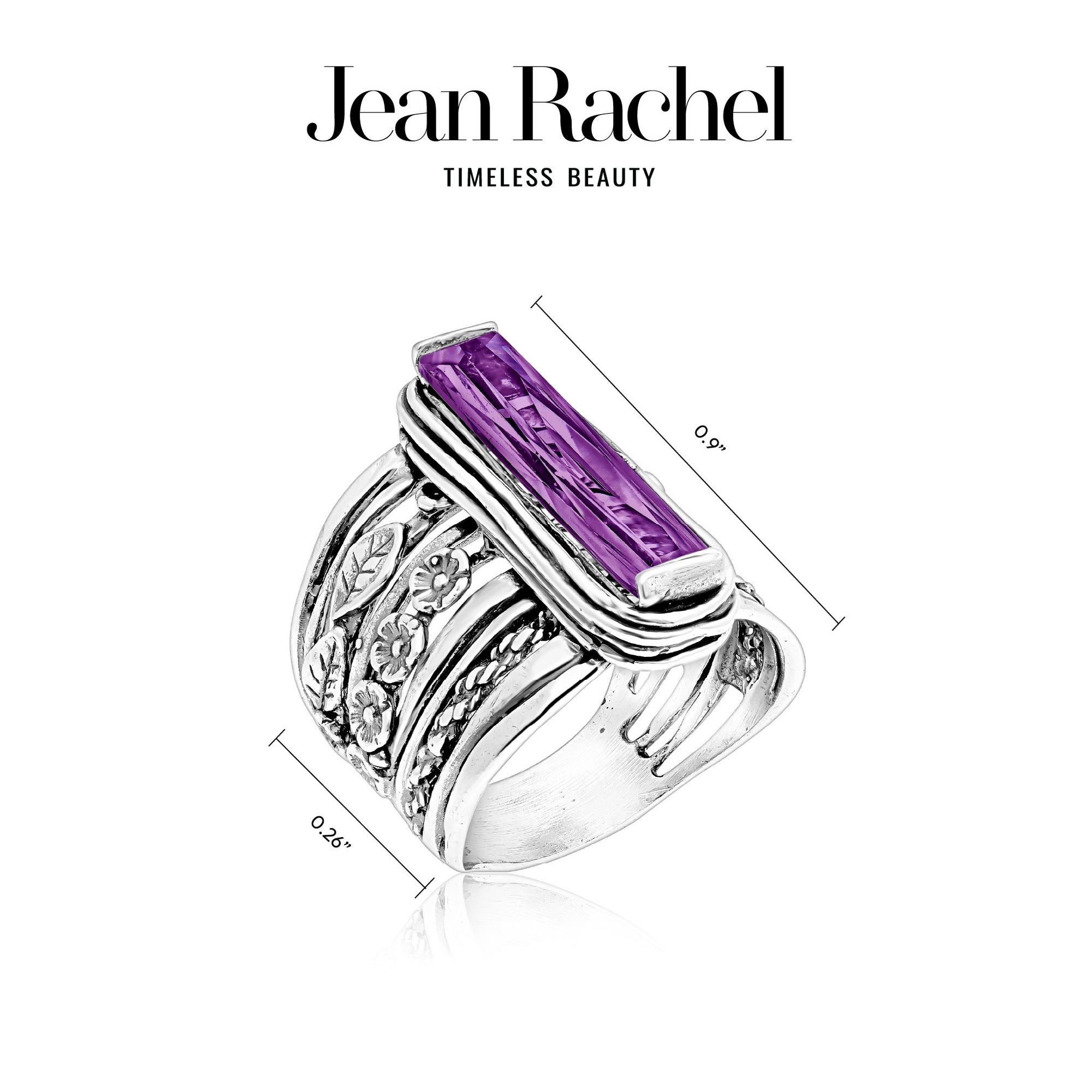 Sterling Silver Baguette Amethyst CZ Floral Ring