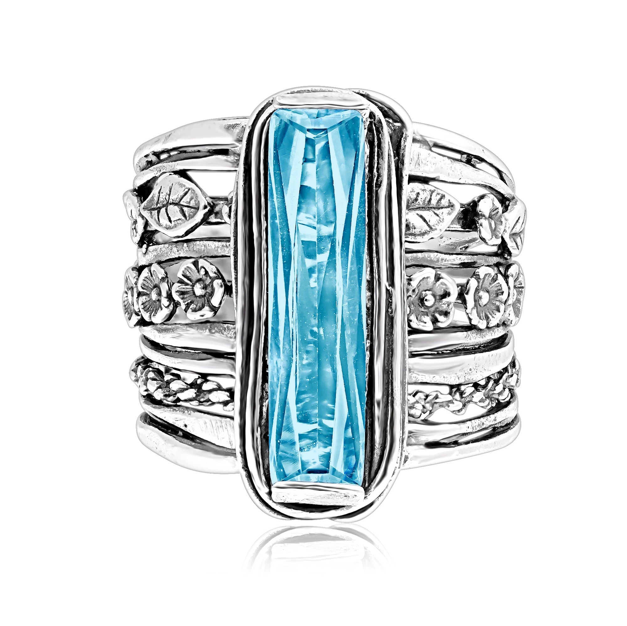 Sterling Silver Baguette Aquamarine CZ Floral Ring