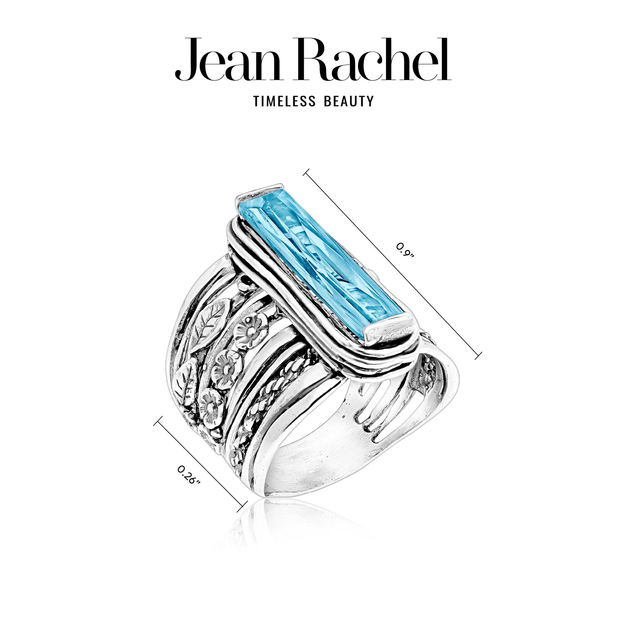 Sterling Silver Baguette Aquamarine CZ Floral Ring