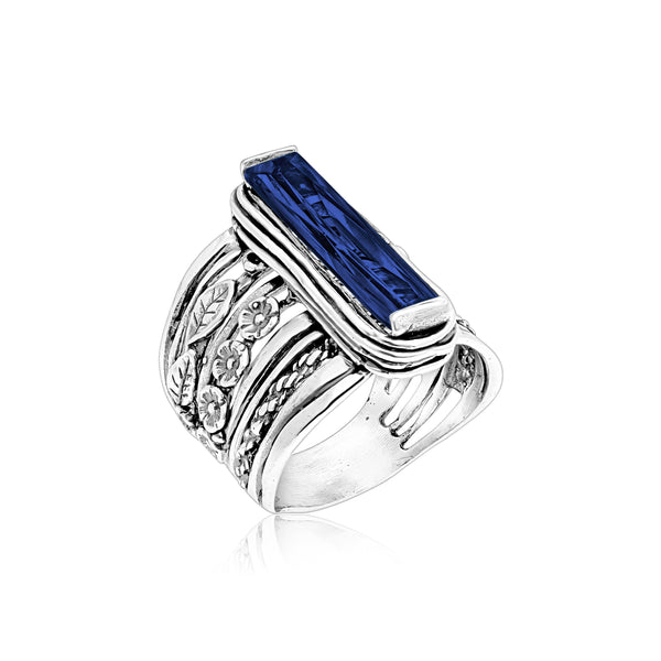 Sterling Silver Baguette Sapphire CZ Floral Ring