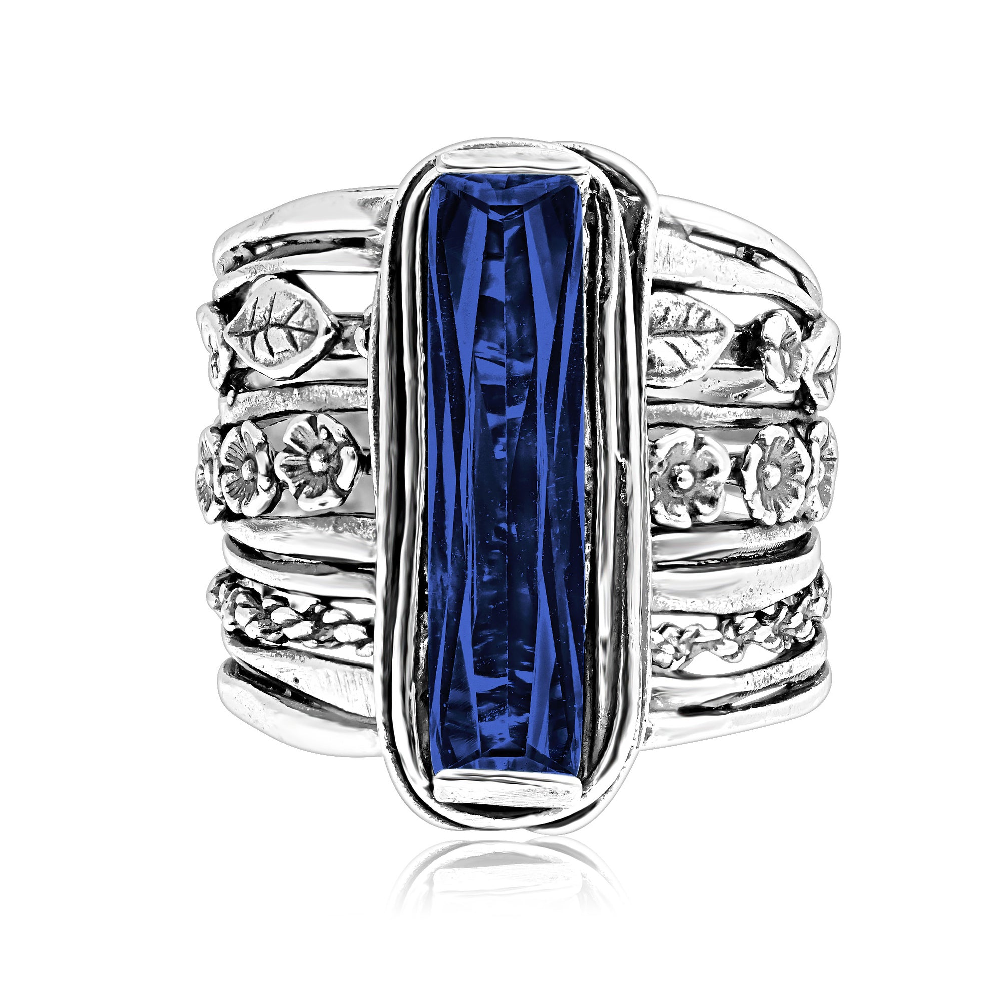 Sterling Silver Baguette Sapphire CZ Floral Ring